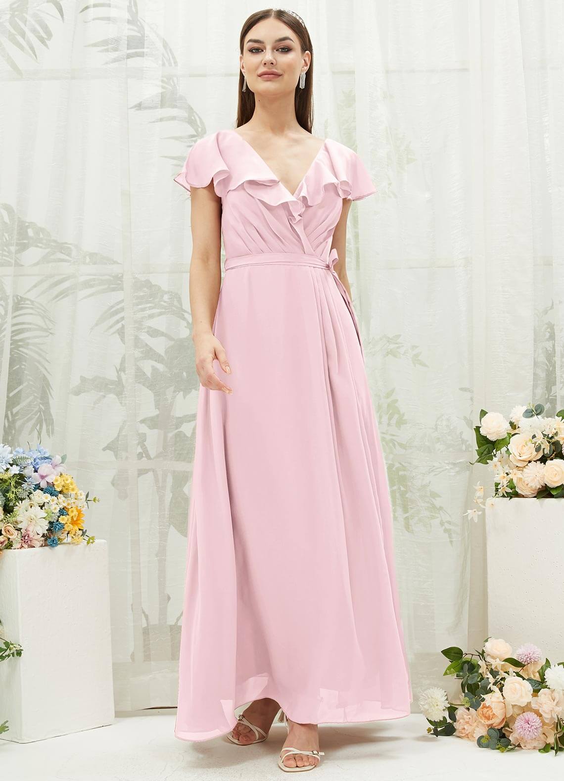 Elegant Blush Chiffon Bridesmaid Dress with Ruffle Sleeves & V-Neck - Perfect for Weddings, Formal Events & Special Occasions