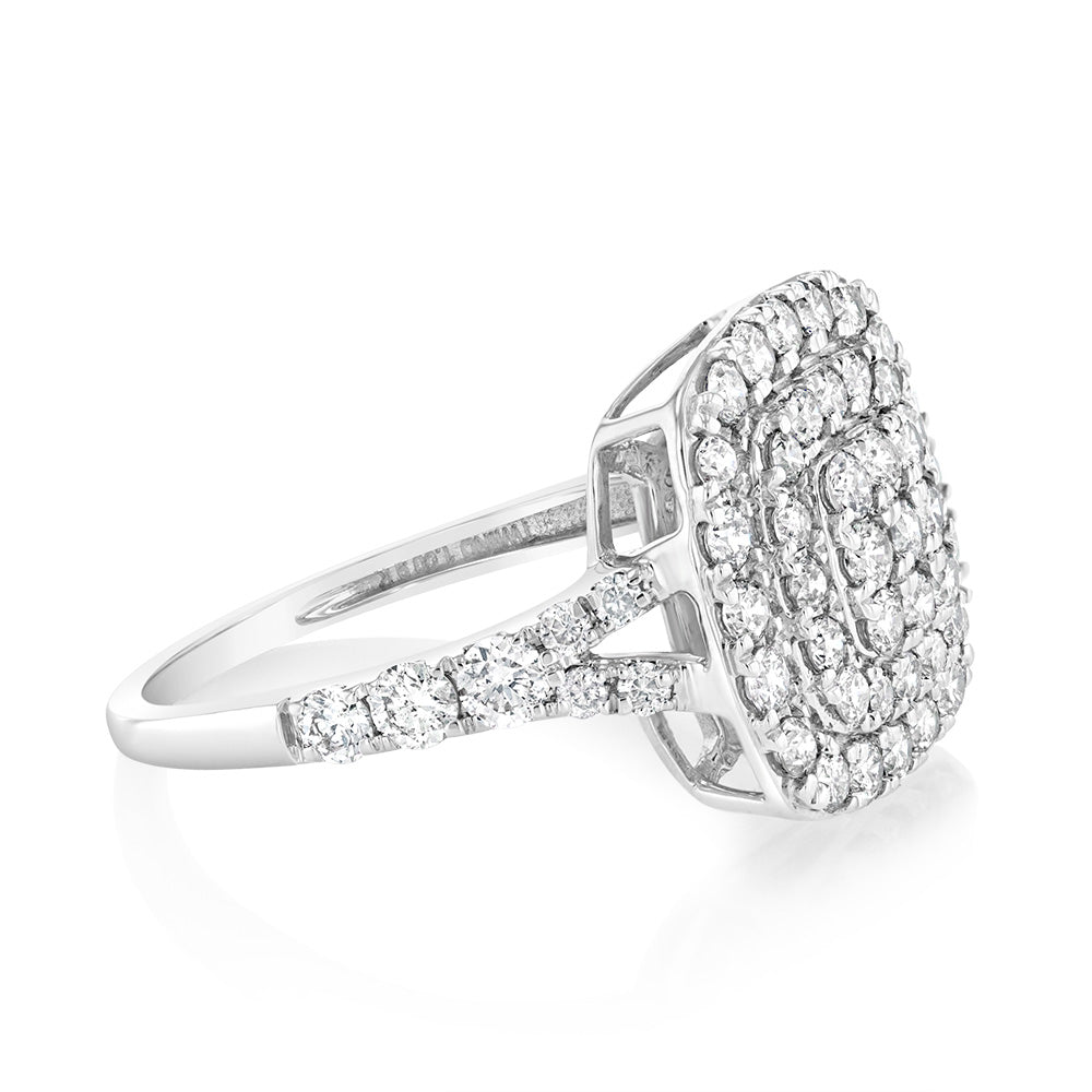 9ct White Gold 1 Carat Cushion Cut Diamond Cluster Ring for Women - Elegant Engagement, Wedding & Anniversary Jewelry Gift