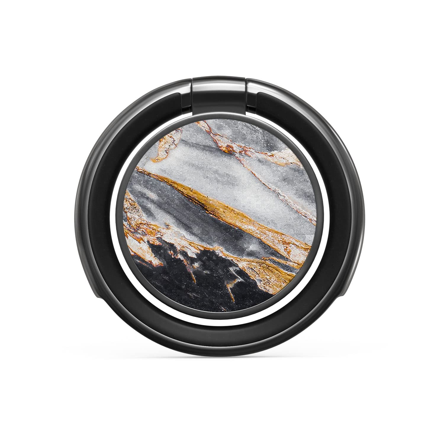 BURGA 360°旋转金属手机指环支架 - 适用于iPhone iPad三星华为谷歌Pixel的时尚大理石纹手机支架，黑色与金色，适合办公、旅行、自拍、视频通话