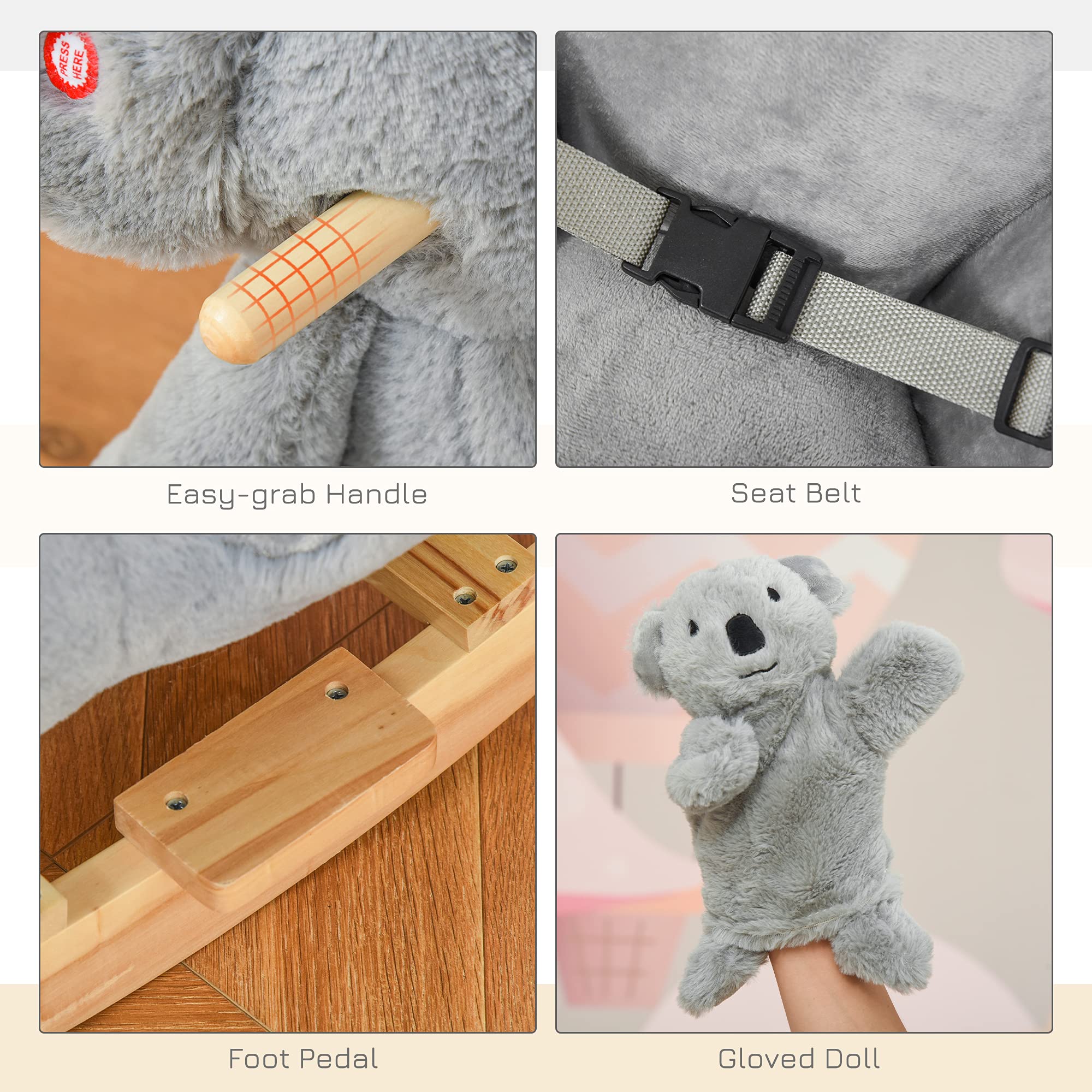 Qaba Kids Plush Ride-On Rocking Horse - Koala-Shaped Soft Toy Rocker with Gloved Doll & Realistic Sounds for Toddlers 18-36 Months (Gray) | Perfect for Indoor Play, Birthday Gifts & Early Childhood Development