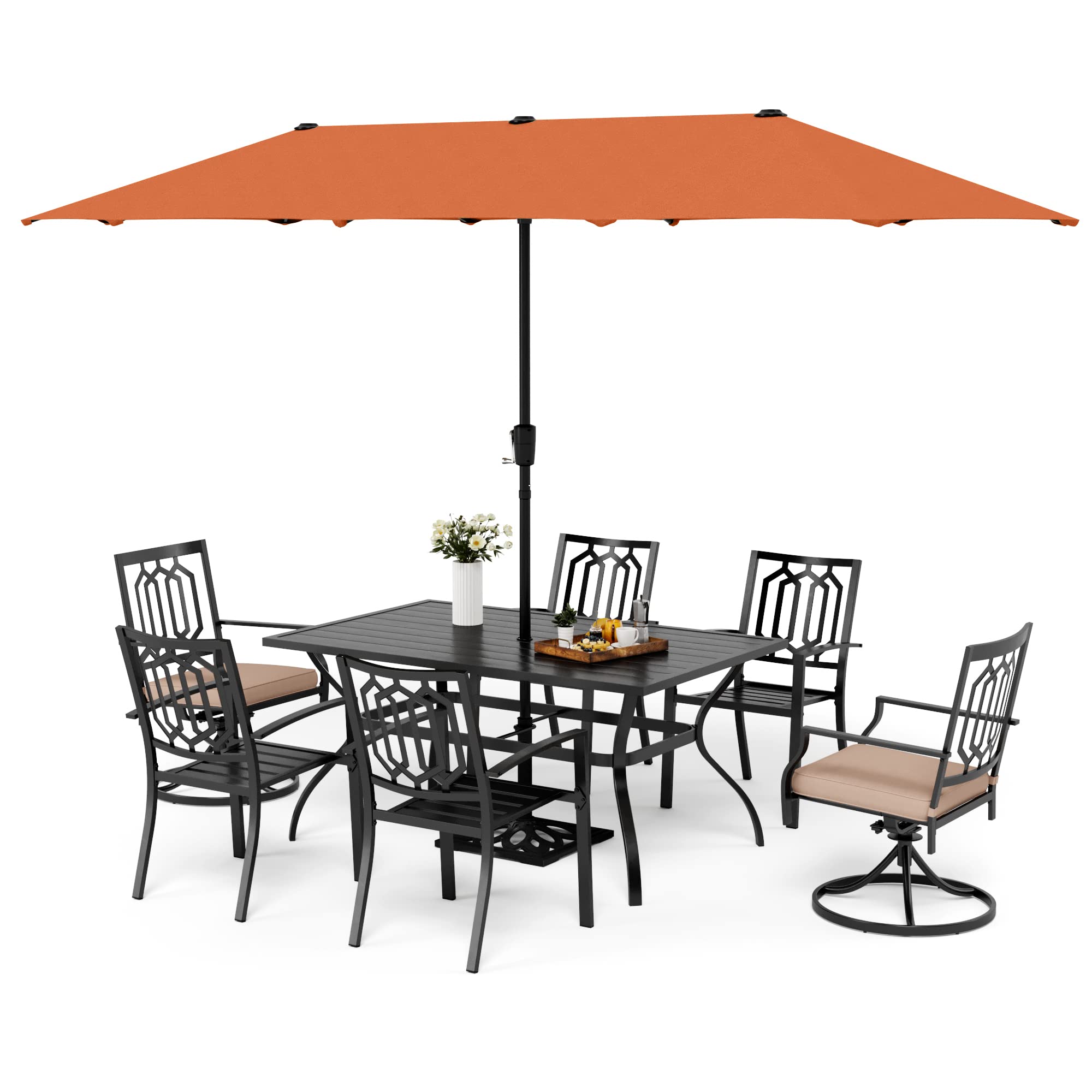 MFSTUDIO 8-Piece Outdoor Patio Dining Set with 4 Stackable Chairs, 2 Swivel Chairs, Steel Frame Table & 13ft Umbrella (Orange Red) - Perfect for Backyard BBQs, Poolside Gatherings & Garden Parties (Base Not Included)
