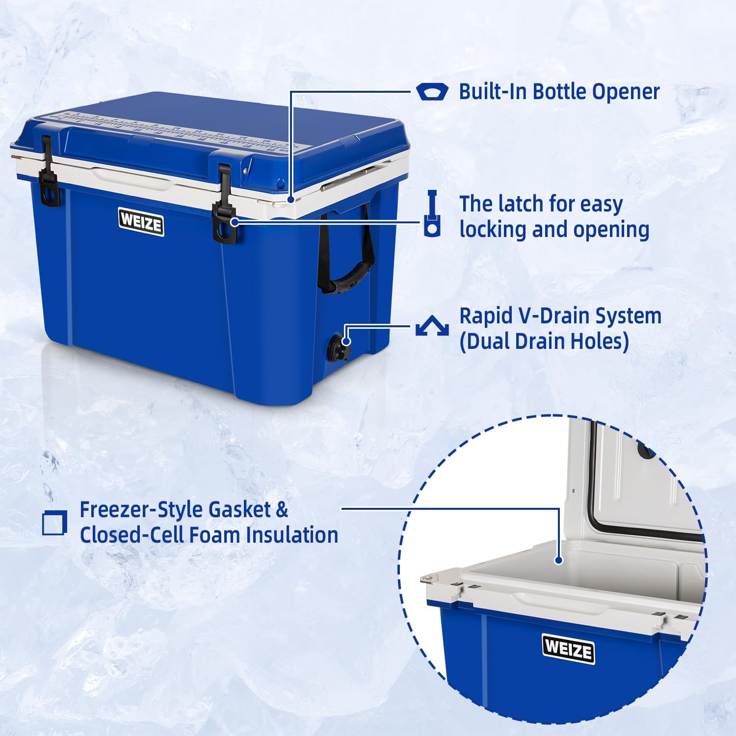 WEIZE 55 Quart Ultra Lightweight Hard Cooler - Insulated Ice Chest Box with Bottle Opener, Keeps Ice for 8 Days, Portable for Camping, Beach, Picnics & Outdoor Adventures (Blue)