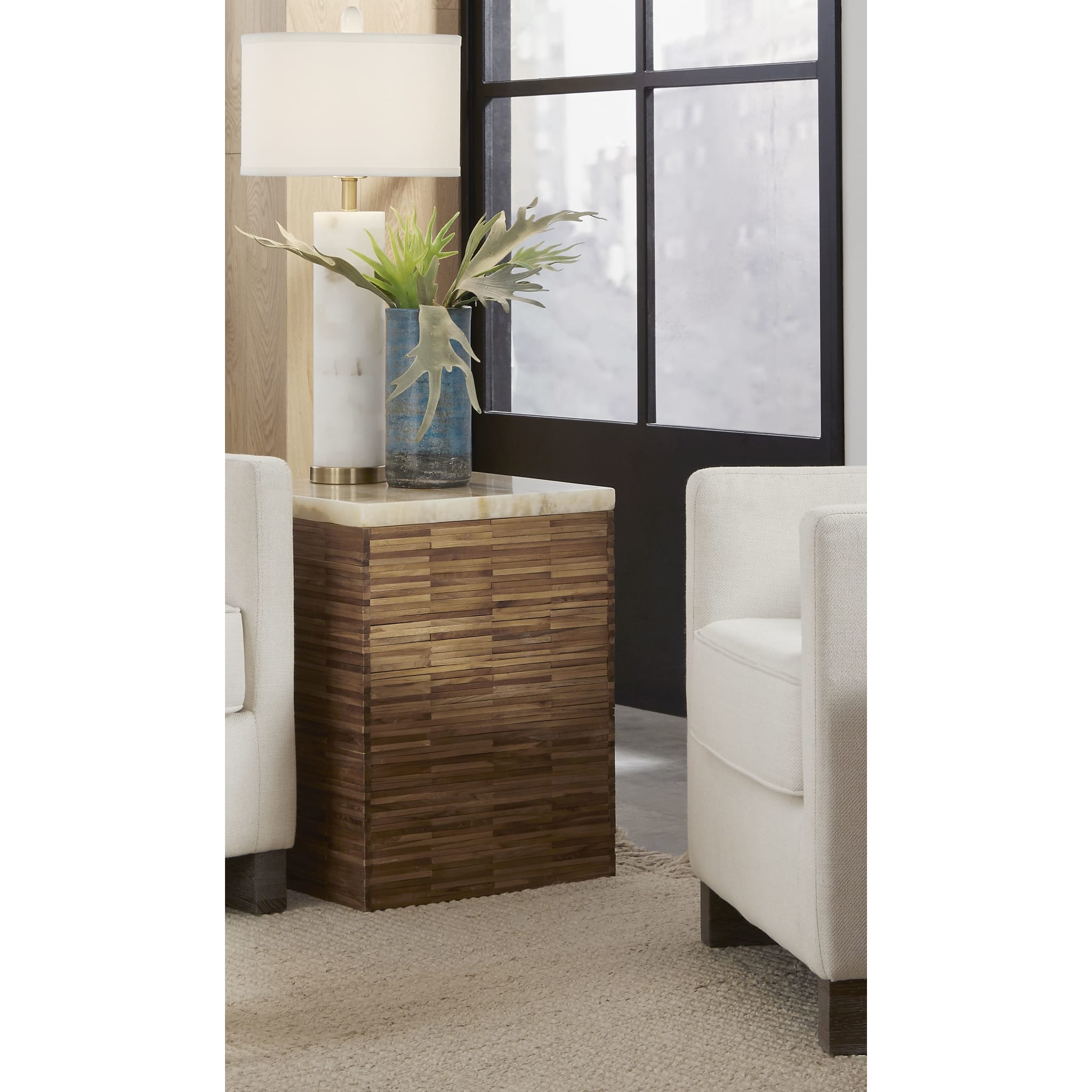Onyx and Solid Teak Wood Tile End Table - Modern Side Table for Living Room, Bedroom, or Office - Durable and Stylish Home Decor Accent