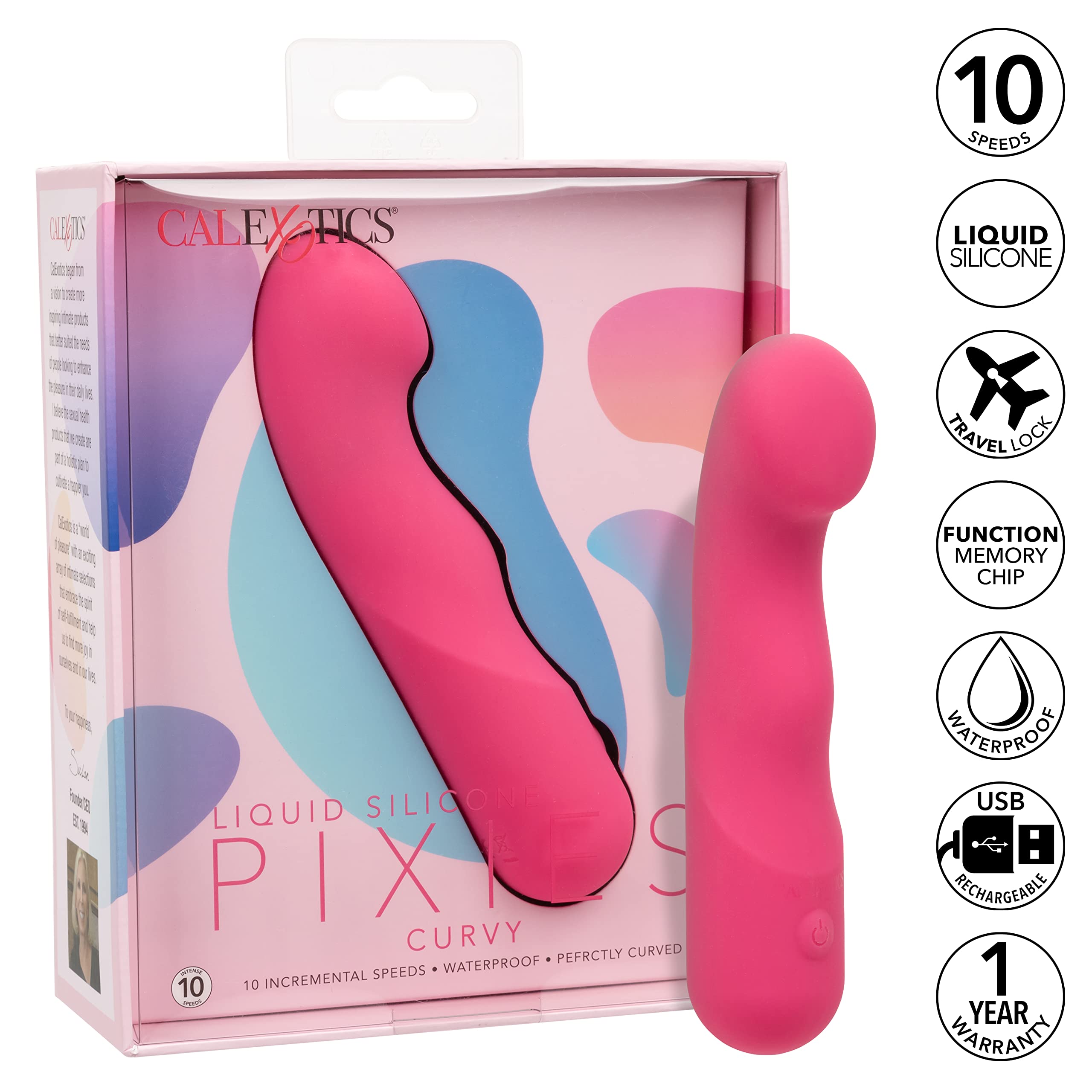 CalExotics Liquid Silicone Pixies Curvy - Rechargeable Mini Vibrator for Women - Waterproof Travel Sex Toy - Discreet & Powerful Personal Massager - Perfect for Solo Play, Couples & Travel - Pink