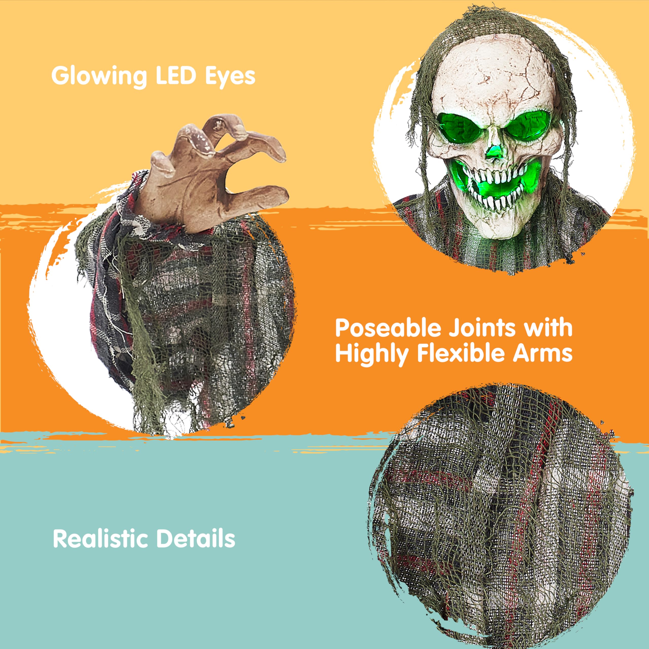 JOYIN 25'' Animated Zombie Groundbreaker Halloween Decor - Moving Arms & Green Light, Outdoor Graveyard & Haunted House Yard Decoration for Spooky Halloween Party, Trick-or-Treat, and Lawn Display