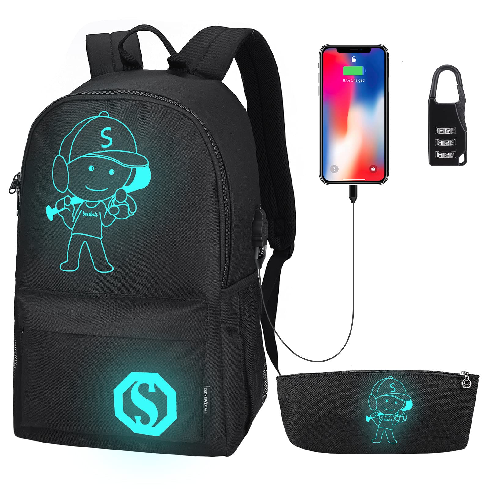 **Pawsky Boys Baseball Anime Luminous Backpack with USB Charging Port – Anti-Theft Lock & Pencil Case – Lightweight School Bookbag & Laptop Bag for College – Black – Perfect for School, Travel & Outdoor Adventures**
