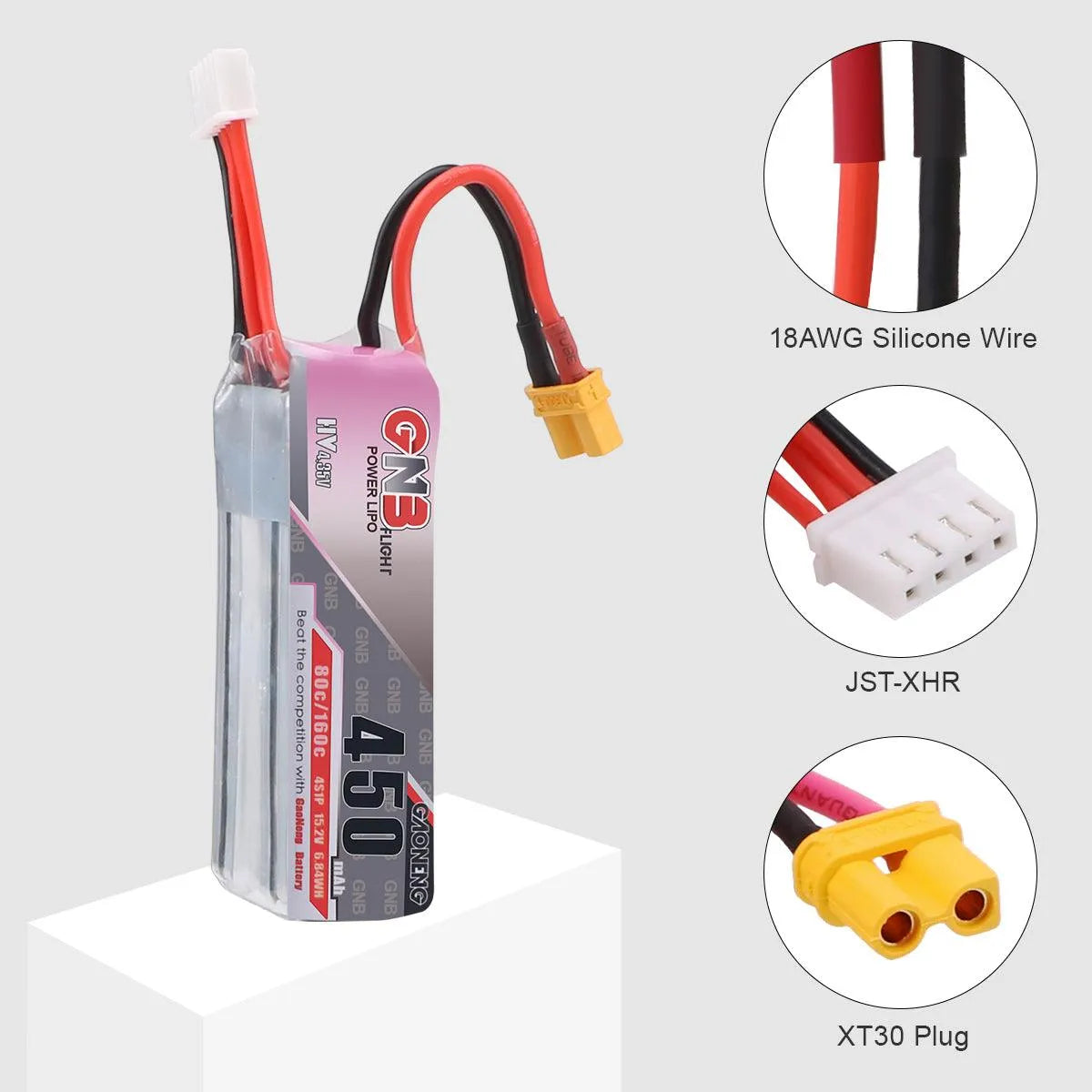 2PCS GNB 450mAh 3S HV 11.4V/4S HV 15.2V LiPo Battery 80C/160C with XT30 Plug - High Performance FPV Drone Battery for Beta85X, Tiny Whoop, and Racing Drones - Perfect for FPV Racing, Freestyle Flying, and Long Flight Time
