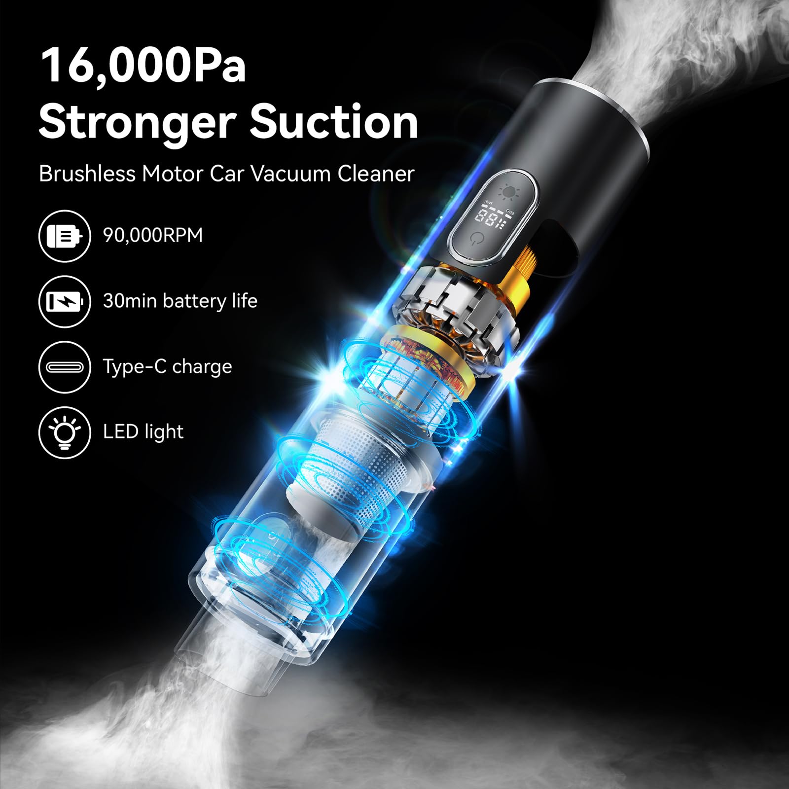 16000PA High Power Wireless Handheld Car Vacuum Cleaner - 3-in-1 Cordless Portable Vacuum with LCD Display, LED Light & Brushless Motor - Ideal for Car Detailing, Home Cleaning & Pet Hair Removal (Black)