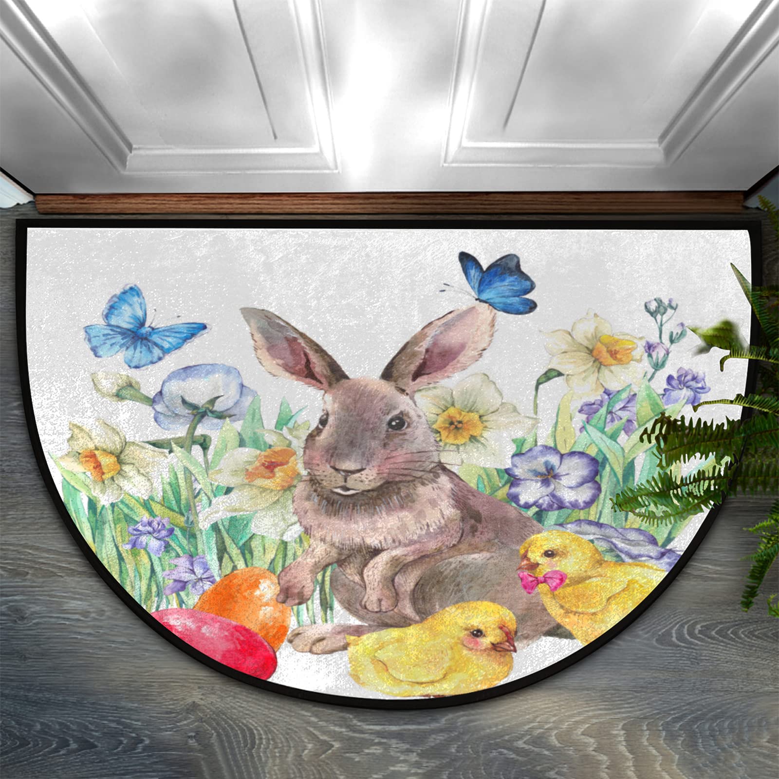 Pardick Half Round Door Mat - Non-Slip Easter Rabbit & Chick Design, Washable Half Circle Area Rug for Indoor Living Room, Bedroom, Kitchen - Soft & Durable Hearth Decor for Fireplace & Entryway