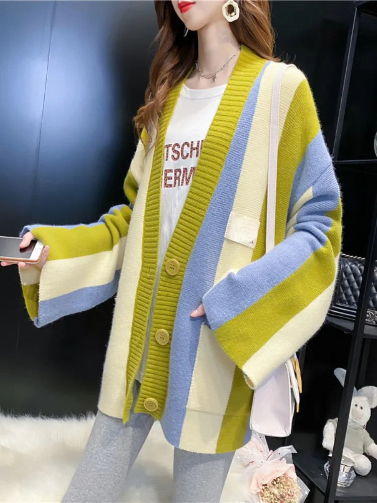 Women's Striped Knit Cardigan Sweater Coat - Loose Long Sleeve Top for Autumn Winter 2024 | Cozy Fall Layering Piece, Office Wear & Casual Outfit Essential