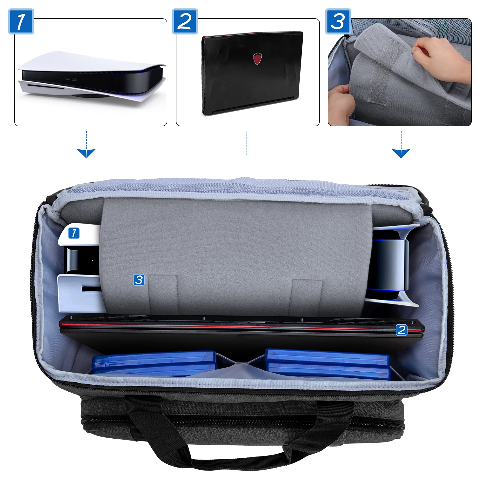 CURMIO Universal Gaming Console Carrying Case - Compatible with PS5, PS4, PS4 Pro, Xbox Series S/X, Xbox One & 360 - Protective Storage Bag for Controllers & Accessories (Black) - Perfect for Travel, Storage & Gaming Parties