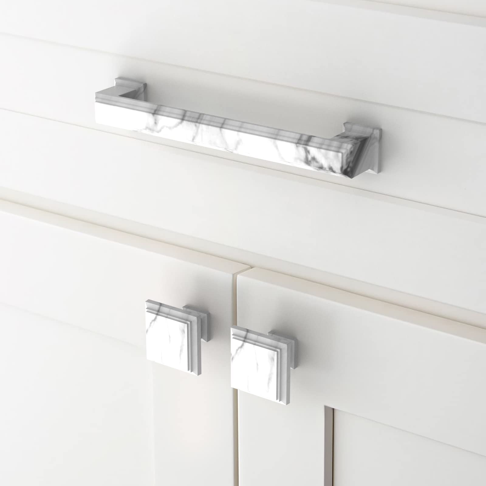 10 Pack 5 Inch White Marble Cabinet Handles - Premium Zinc Alloy Kitchen Cabinet Pulls for Cabinets, Dressers & Furniture Hardware (Perfect for Modern Kitchen & Bathroom Renovation)