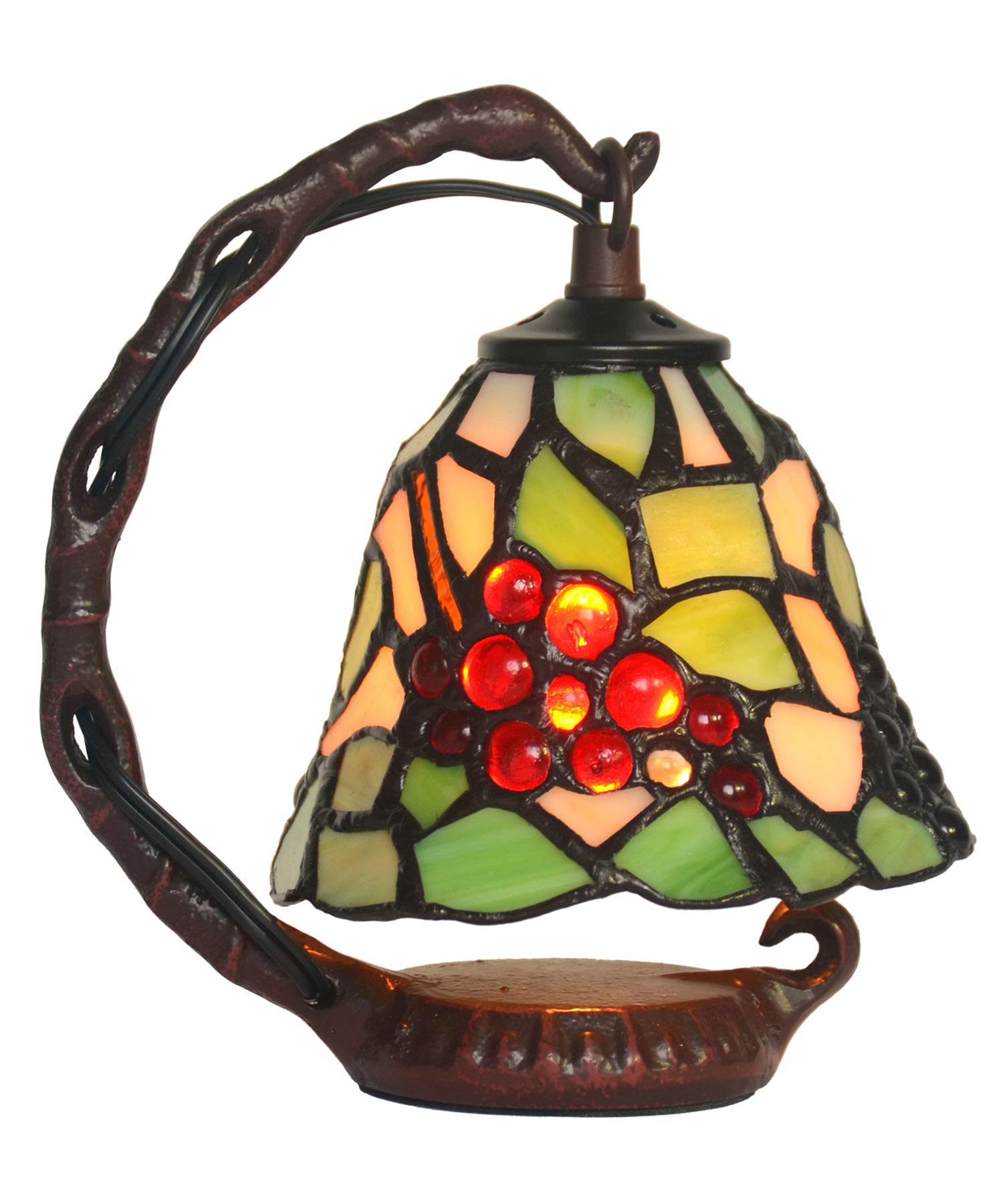 Tiffany Style Small Night Light - Bell Shaped Table Lamp with Green Grape Stained Glass Shade & Iron Base - Perfect for Living Room, Bedroom, Bedside & Nightstand - Romantic Ambiance Lighting for Home Decor