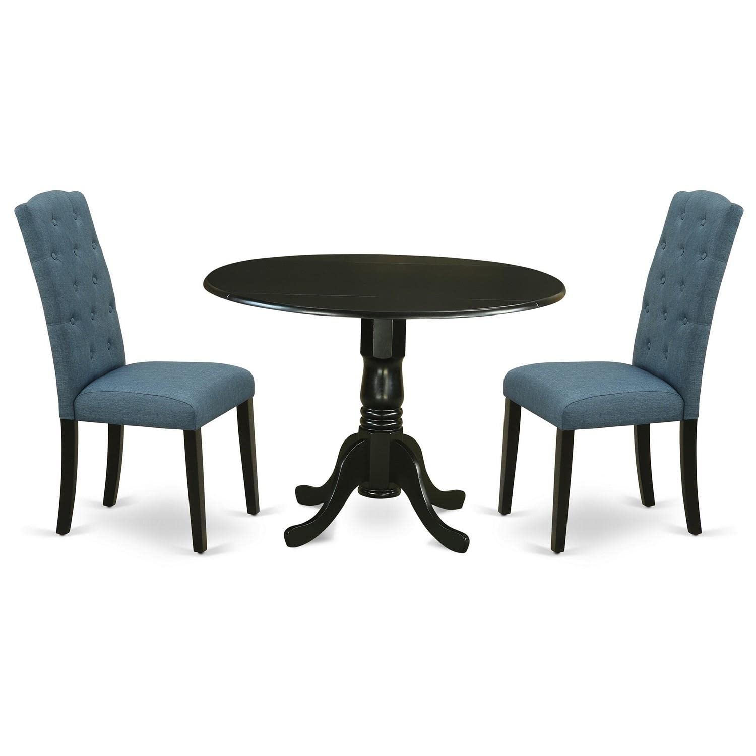 East West Furniture DLCE3-BLK-21 3-Piece Round Dining Table Set with Drop Leaf & 2 Upholstered Chairs - 42x42 Inch Black - Perfect for Small Spaces, Breakfast Nooks & Apartment Dining Rooms