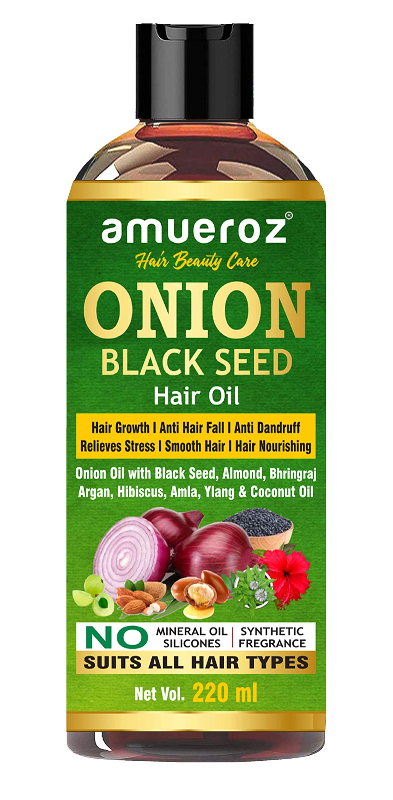 Amueroz Onion Black Seed Hair Oil for Hair Growth - 220ml | Anti Hair Loss, Anti Dandruff & Hair Fall Treatment | Promotes Strong & Healthy Hair for Men & Women | Relieves Stress - Perfect for Daily Scalp Massage & Nighttime Hair Care Routine