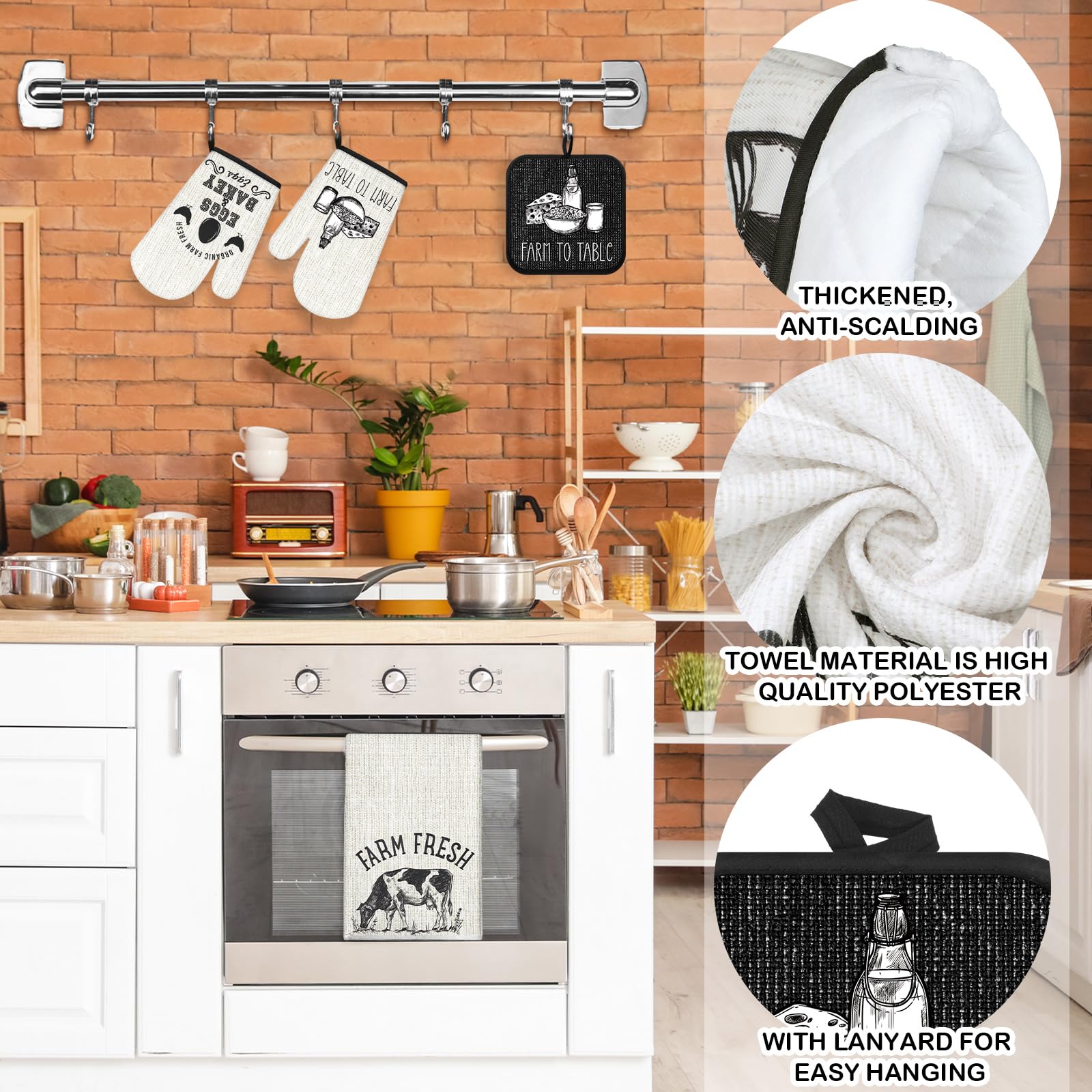 8-Piece Farm Animal Themed Kitchen Towel Set - 4 Farmhouse Dish Towels, 2 Rustic Square Potholders & 2 Heat-Resistant Oven Mitts for Cooking, Baking & Home Decor - Perfect for Farmhouse Kitchens, Housewarming Gifts & Country Style Homes