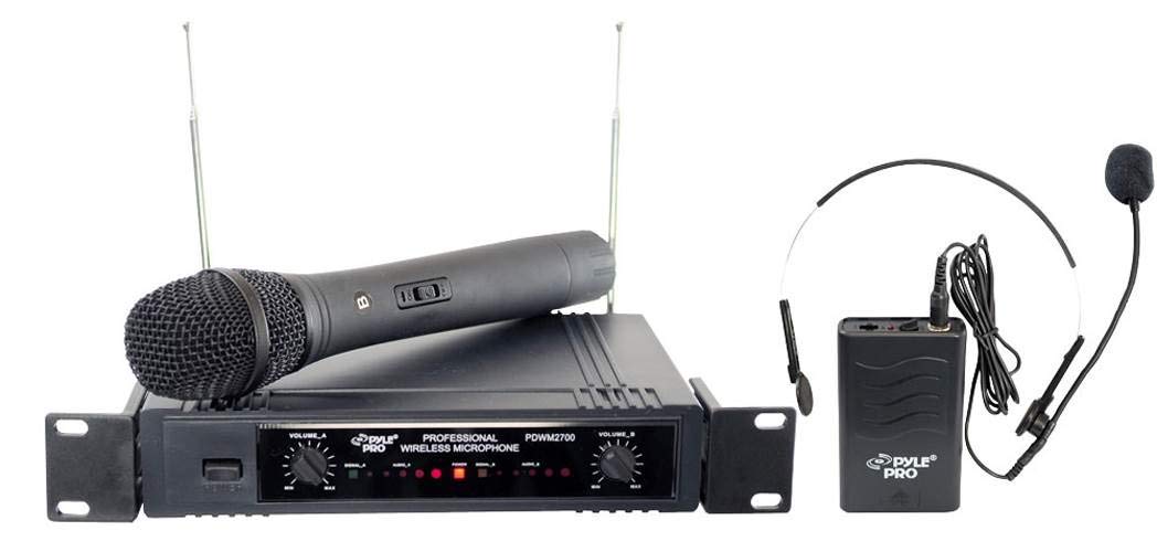 Pyle PDWM2700 2-Channel VHF Wireless Microphone System - Battery Operated Handheld Mic & Belt Pack Transmitter with Headset Mic, Rack Mountable - Ideal for Live Performances, Karaoke, Public Speaking & Events