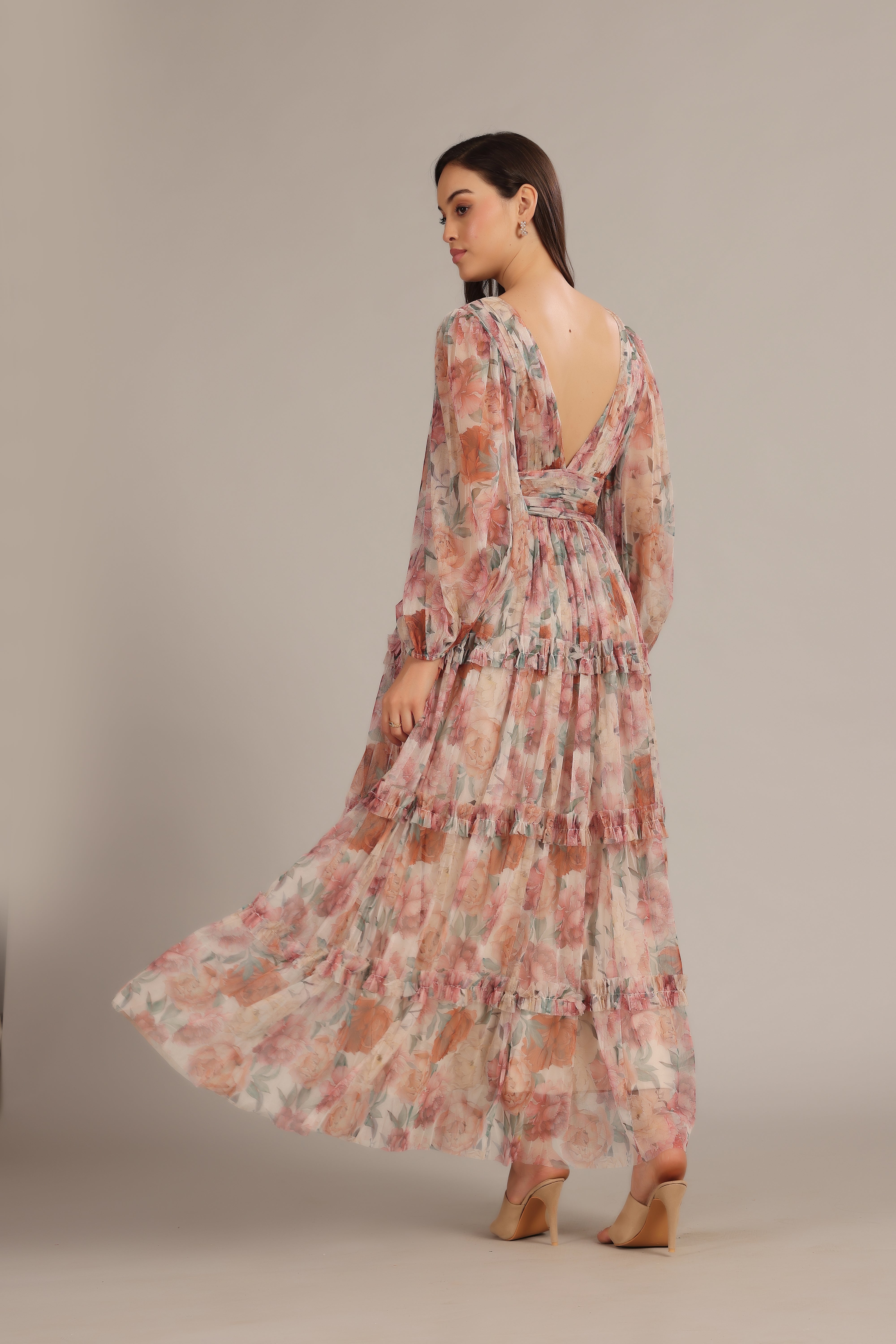 Lydia Maxi Dress - Light Brown Floral Print Women's Long Summer Dress for Beach, Vacation & Casual Wear