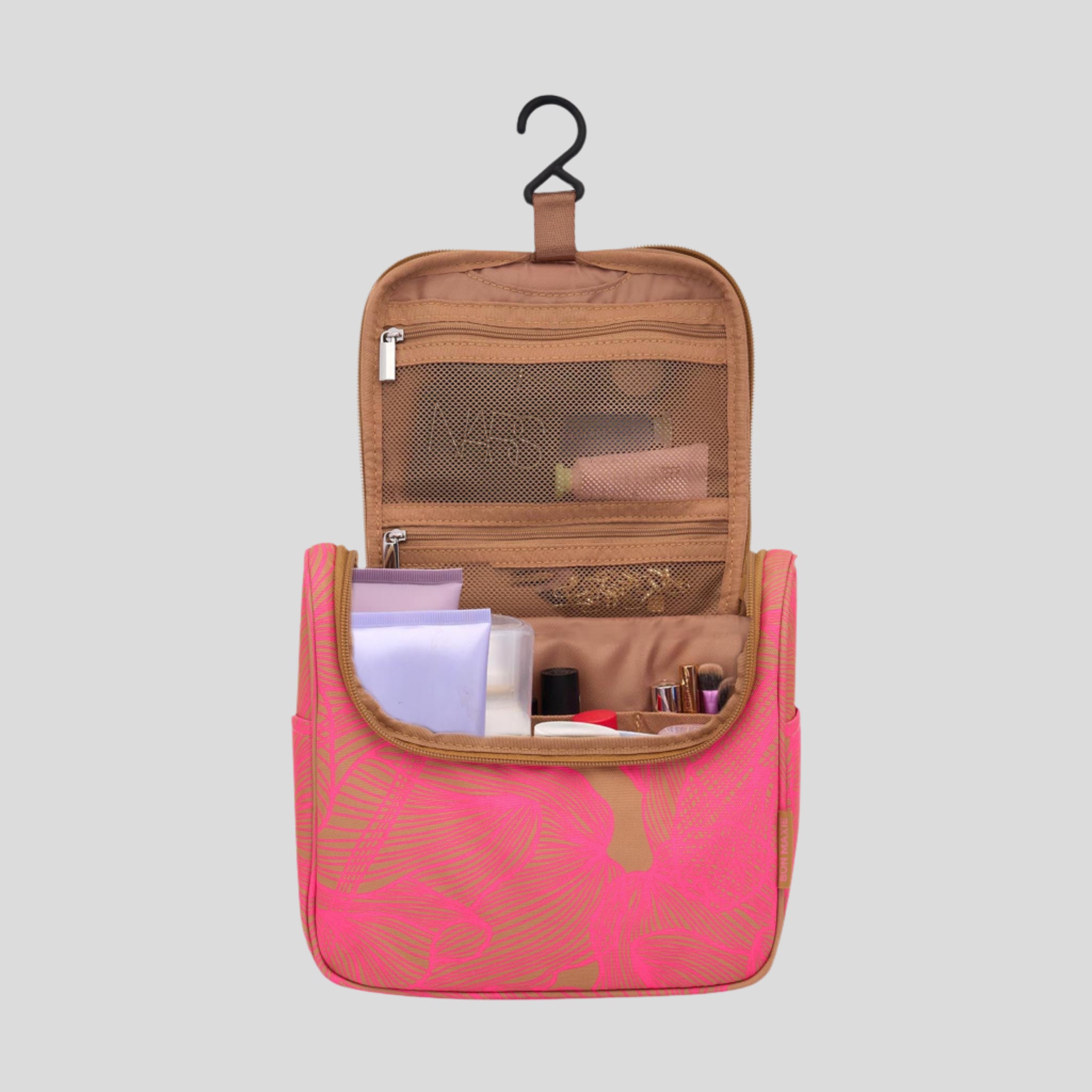 Bon Voyage Travel Toiletry Bag - Waterproof Cosmetic Organizer with Hanging Hook, Neon Pink/Tan Floral Design - Perfect for Vacation, Business Trips & Gym Essentials