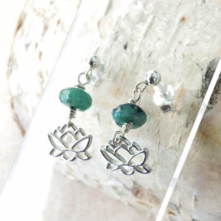 Emerald Lotus Drop Earrings - Sterling Silver Dangle Earrings for Women - Perfect for Weddings, Parties & Special Occasions
