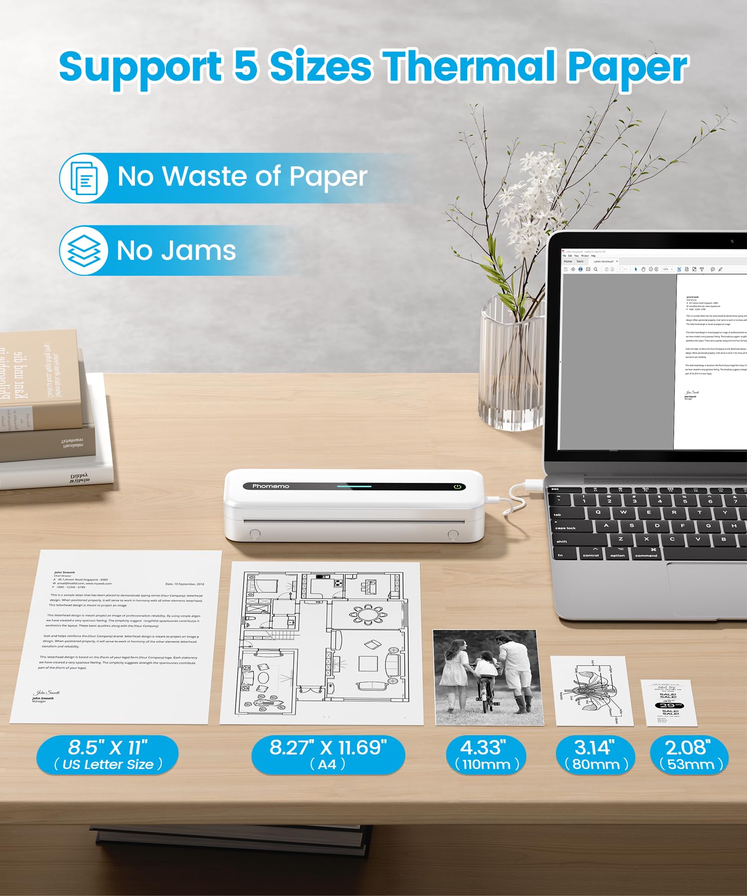 Phomemo M832 Wireless Portable Thermal Printer - Inkless Mini Printer for Travel, Business & Office Use | Compatible with iPhone, Android & Laptop | Print US Letter Size Receipts, Labels & Notes | Perfect for On-the-Go Printing, Home Office & School Projects