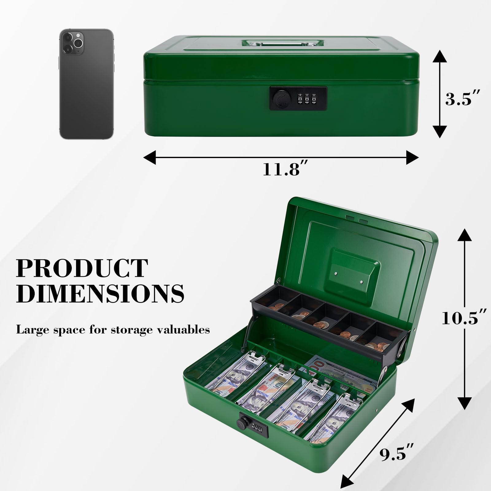 Large Cash Box with Key Lock - Durable Money Saving Organizer with 4 Bill & 5 Coin Slots, Cantilever Design - XL Green Locking Safe Box for Home, Office, Retail Store & Small Business Cash Management