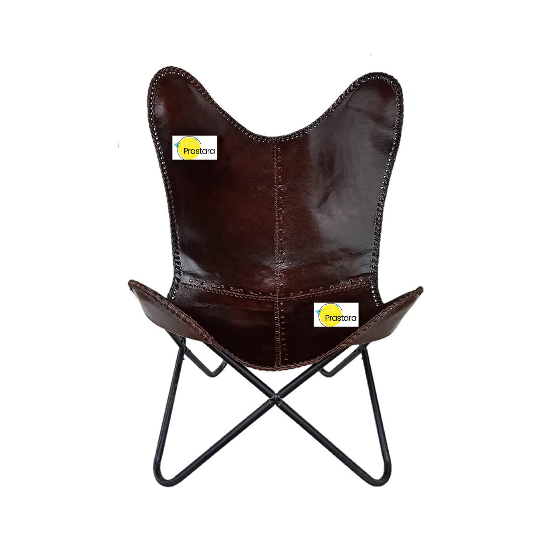 PRASTARA Leather Accent Chair - Handmade Butterfly Design with Powder Coated Folding Arms - Comfortable Living Room, Bedroom & Home Office Chair for Small Spaces - Perfect for Relaxing, Reading & Decorating