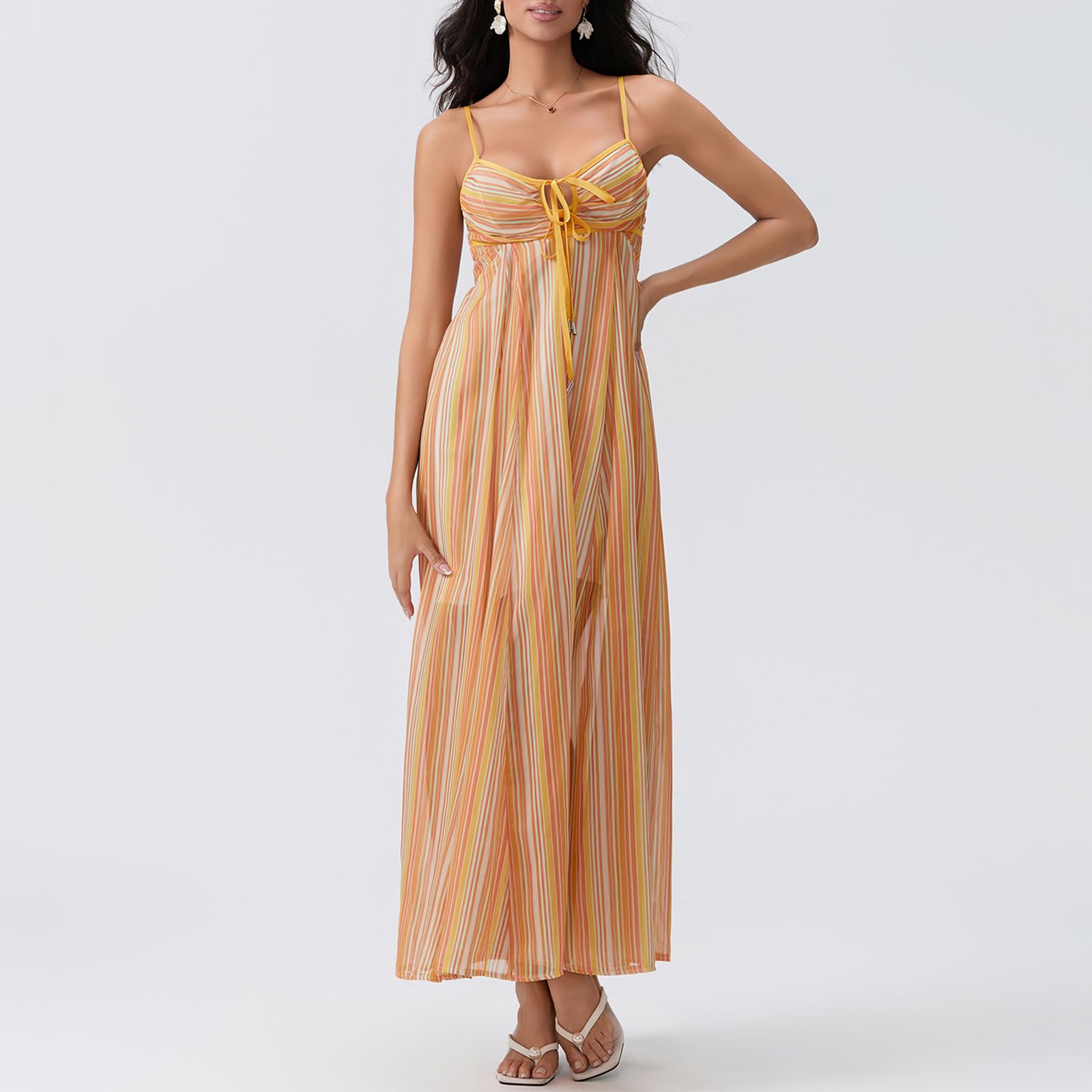 FEORJGP Women's Summer Spaghetti Strap Long Dress - Boho Low Cut Backless Flowy Midi Maxi Dress for Beach, Vacation & Party Wear | Lightweight Bohemian Beachwear for Women