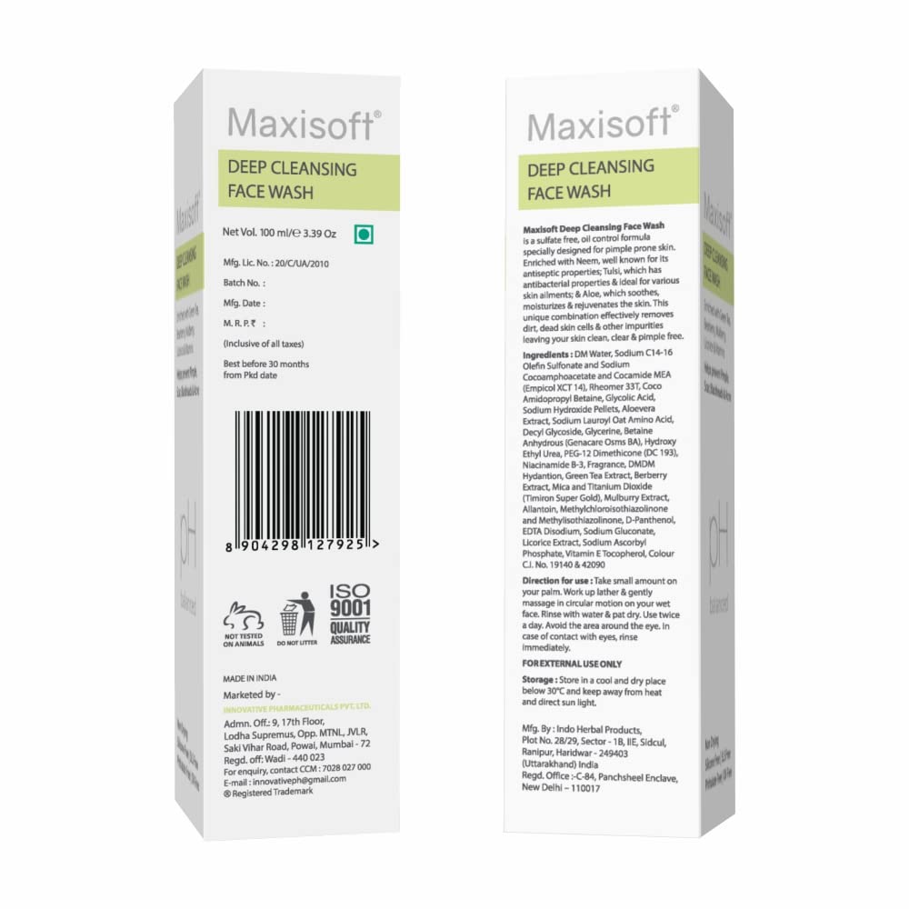 Maxisoft Deep Cleansing Face Wash for Normal & Oily Skin - Oil Control, Anti-Acne & Pimple Treatment | Nourishes Skin & Minimizes Pores | Paraben, Soap & Oil Free | Daily Use for Women & Men | 100ml | Perfect for Morning & Night Skincare Routine