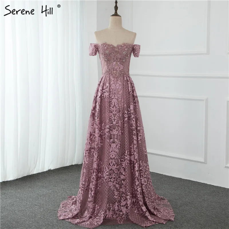 Elegant Pink Mermaid Evening Dress with Floral Lace & Crystal Details - Off Shoulder Short Sleeve Formal Gown for Women | Perfect for Dubai Parties, Prom Nights & Special Occasions
