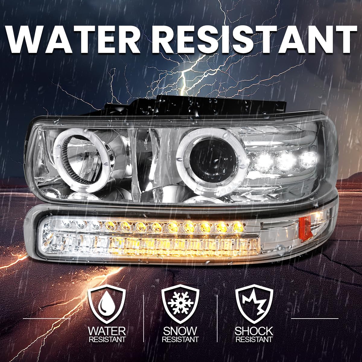 Spec-D Tuning Chrome LED Halo Projector Headlights with LED Bumper Lights - Compatible with 1999-2002 Chevy Silverado 1500/2500/3500 - Left & Right Headlamp Assembly - Upgrade for Night Driving & Off-Road Adventures