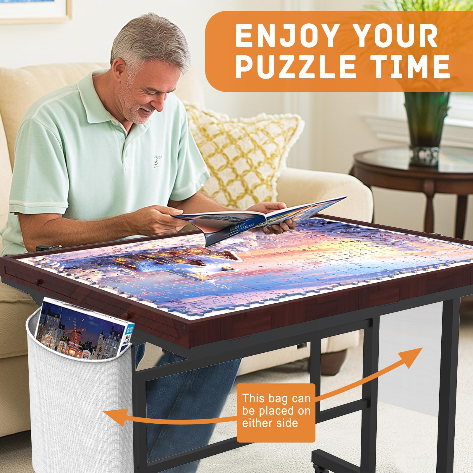 1500-Piece Jigsaw Puzzle Table with Adjustable Legs, Storage Pockets & Wheels - Premium Puzzle Board for Adults - Perfect for Family Game Nights, Home Decor & Relaxation Activities