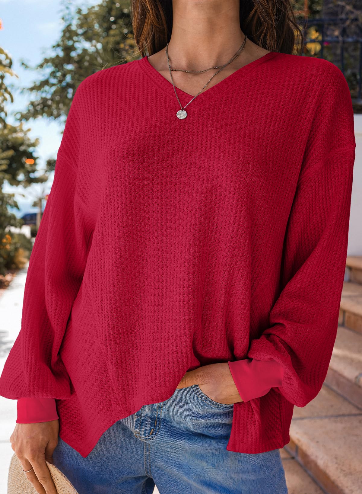 Women's Waffle Knit Long Sleeve V-Neck Oversized T-Shirt - 2025 Fashion Casual Blouse with Lantern Sleeves | Perfect for Everyday Wear, Office Outfits & Weekend Relaxation