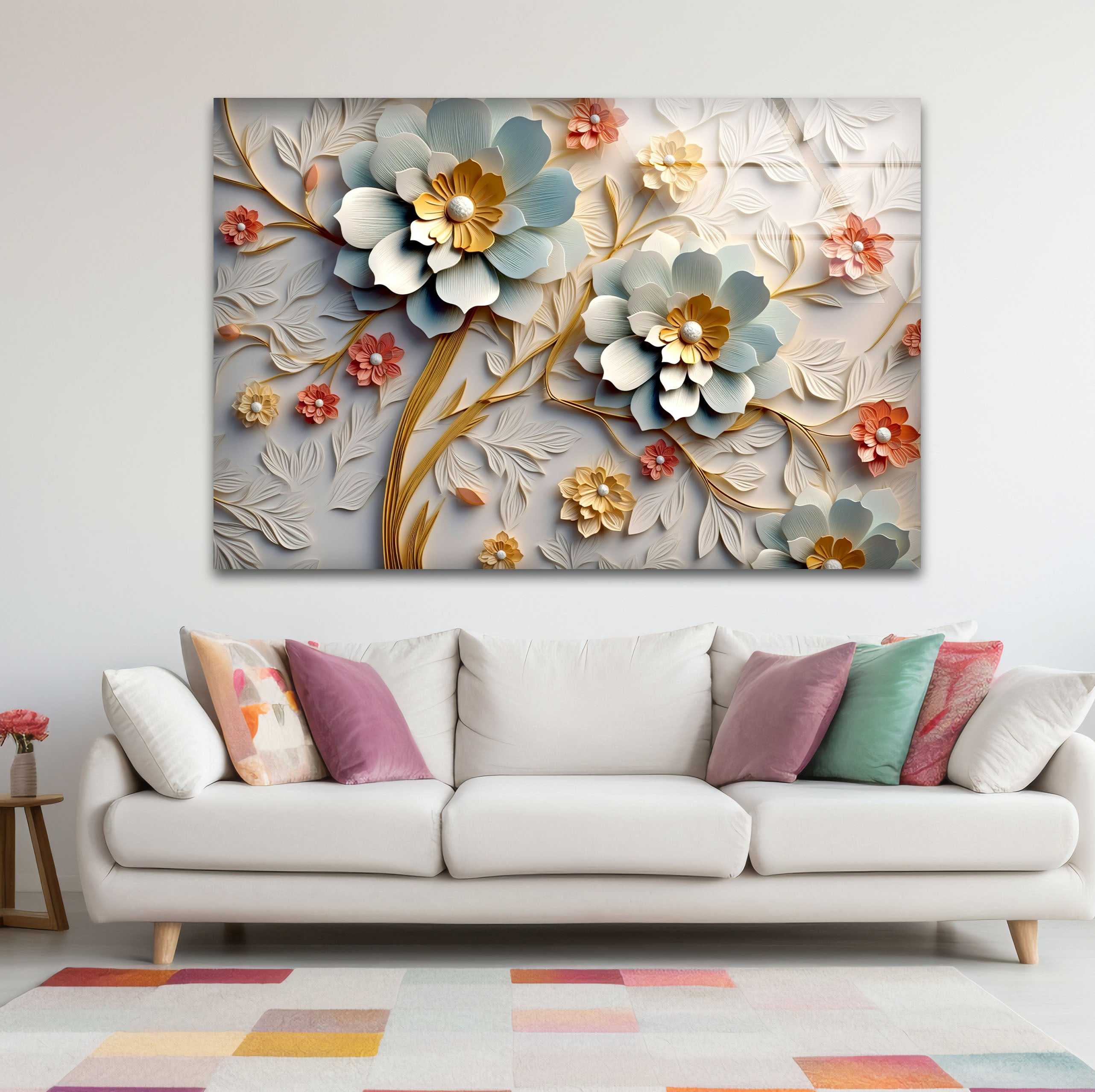 3D Blooming Flower Wall Art - Elegant Embossed Glass Floral Print for Home Decor, Living Room, Bedroom, Office | Modern Botanical Wall Decor for Interior Design