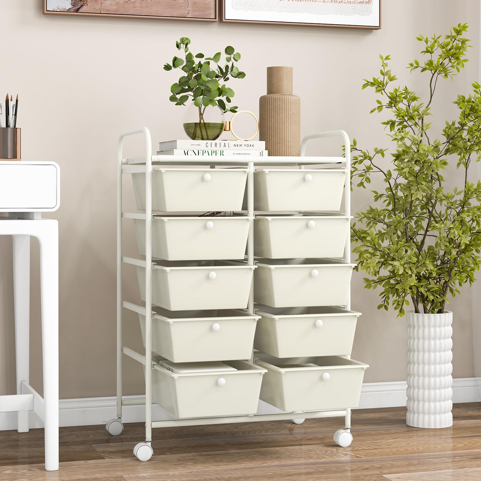 GOFLAME 10-Drawer Rolling Storage Cart with Wheels - Multipurpose Mobile Organizer for Art Supplies, Crafts, School, Office & Home Use - Ivory Utility Cart for Easy Storage & Organization
