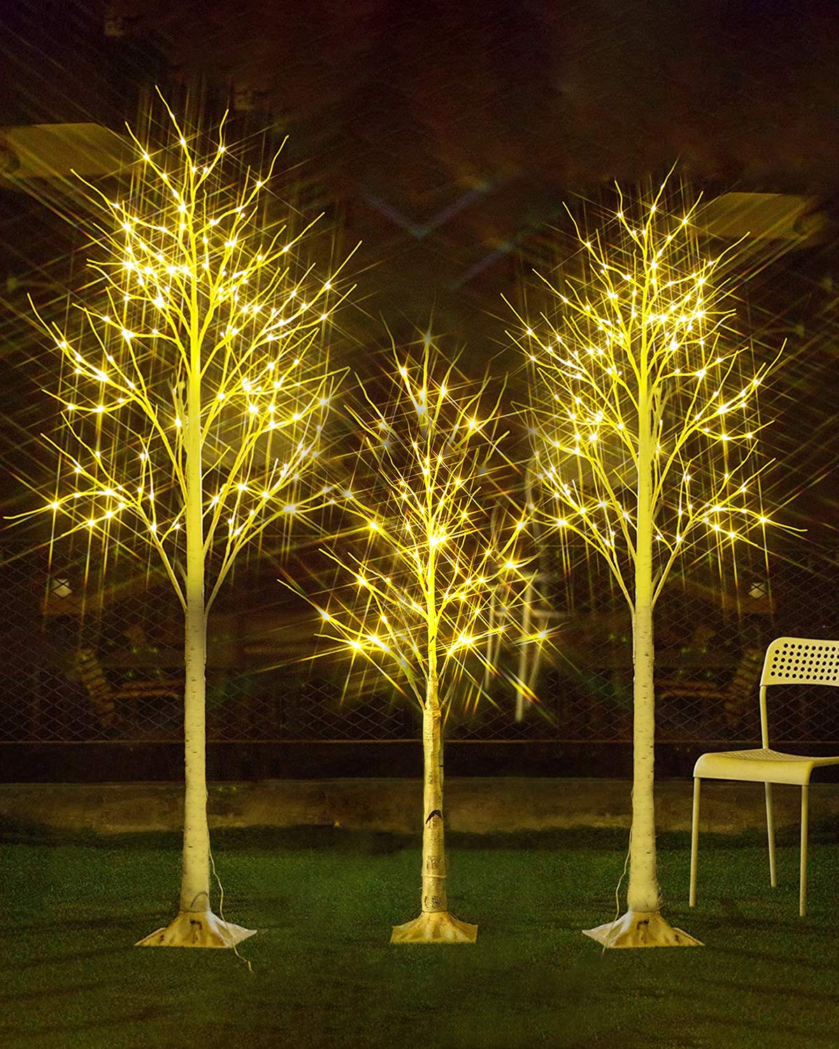 MOOSENG 4FT 5FT 6FT Birch Christmas Tree Set with LED Lights - 3 Piece Artificial Xmas Tree Decor for Home, Party, Indoor & Outdoor Holiday Decorations | Warm White Lighting for Living Room, Office, and Garden Festive Display