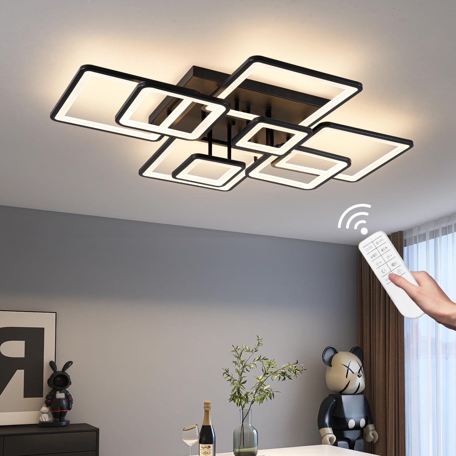 Modern Dimmable LED Ceiling Light with Remote Control - Black Flush Mount Chandelier, Acrylic Ring Fixture for Living Room, Dining Room, Bedroom - Energy Efficient Lighting Solution for Home Decor (8H-FANG-BL-04) | Perfect for Modern Interiors, Apartments and Office Spaces