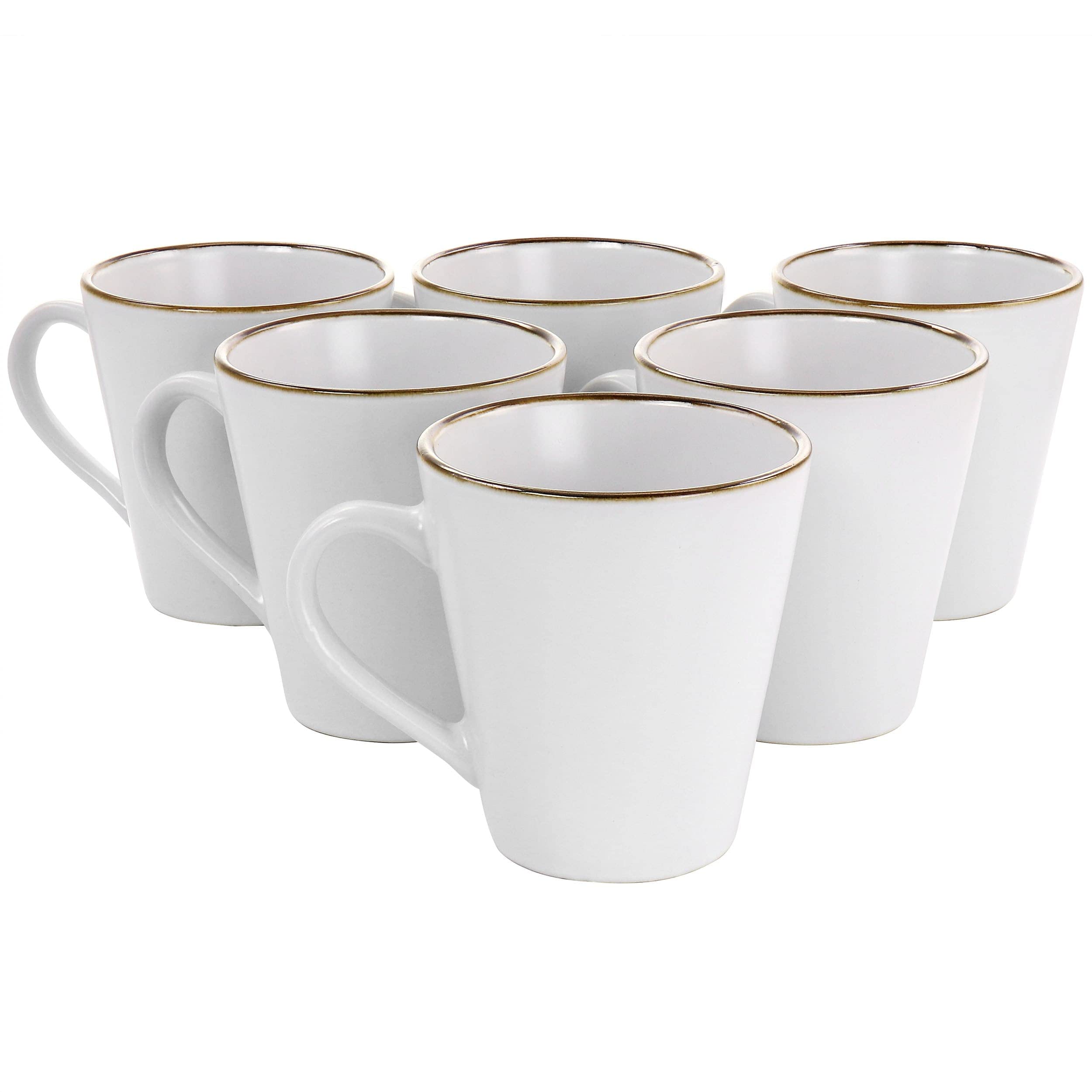 6-Piece Matte White Stoneware Mug Set with Gold Rim - Modern Contemporary Microwave Safe Coffee Cups for Home, Office, or Gifts