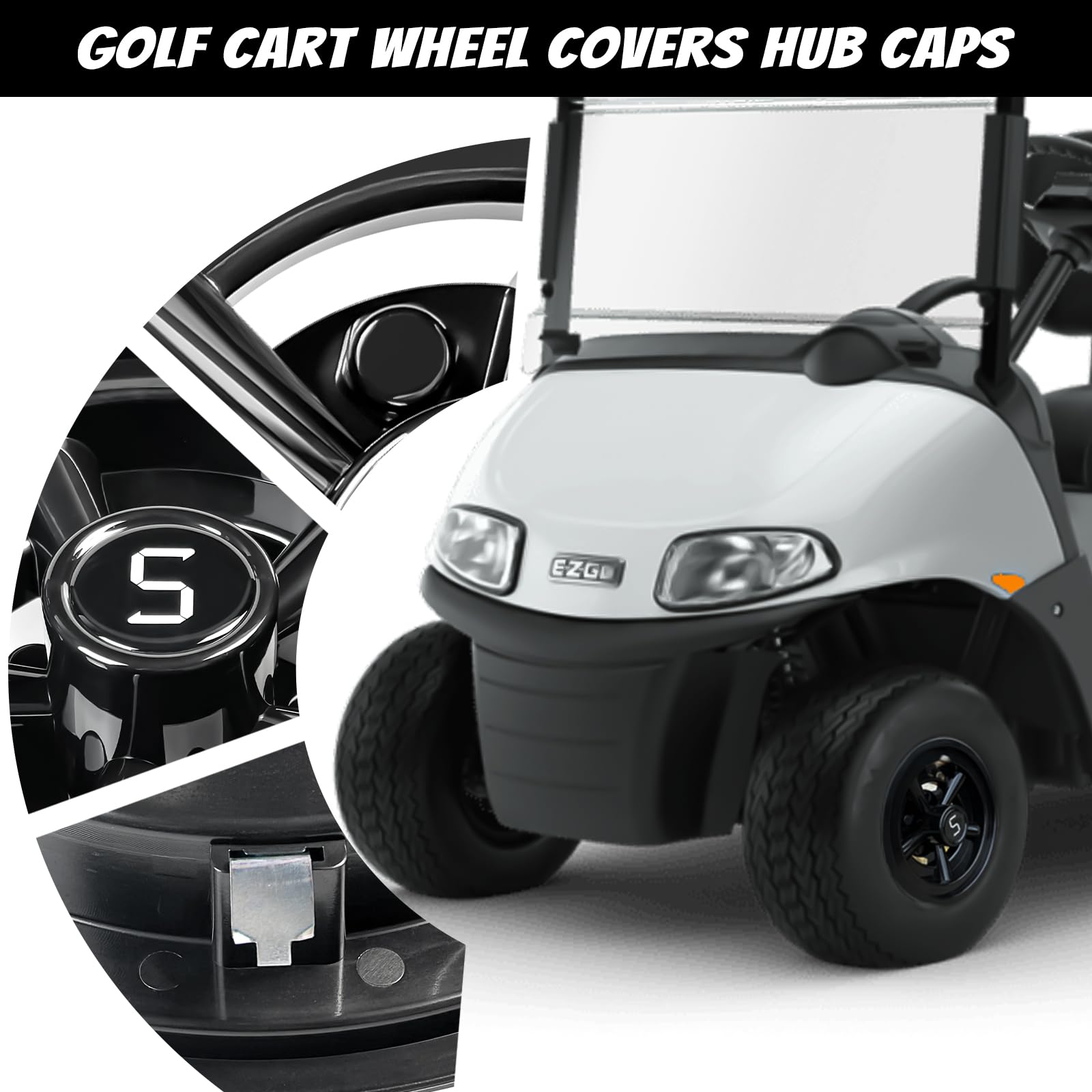 8 Inch Universal Golf Cart Wheel Covers - Black Snap-on Hub Caps for Yamaha, Club Car, EZGO & Most Golf Carts (Set of 4) | Durable Protection & Stylish Upgrade for Golf Course or Neighborhood Rides