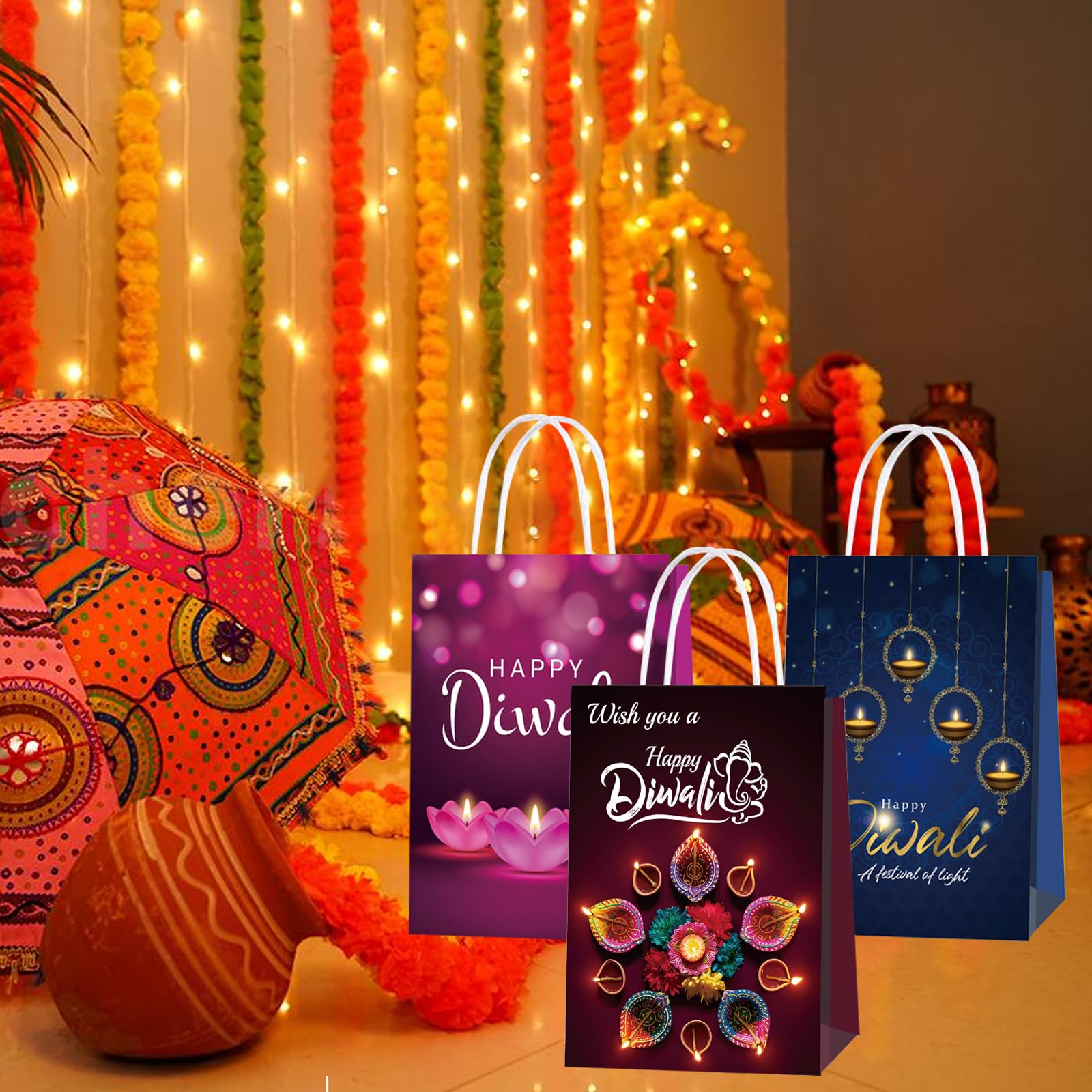 16 Pack Diwali Paper Gift Bags - Happy Diwali Decorative Bags for Candy, Gifts & Party Favors | Eco-Friendly Festival Decorations for Home, Office & Indian Celebrations