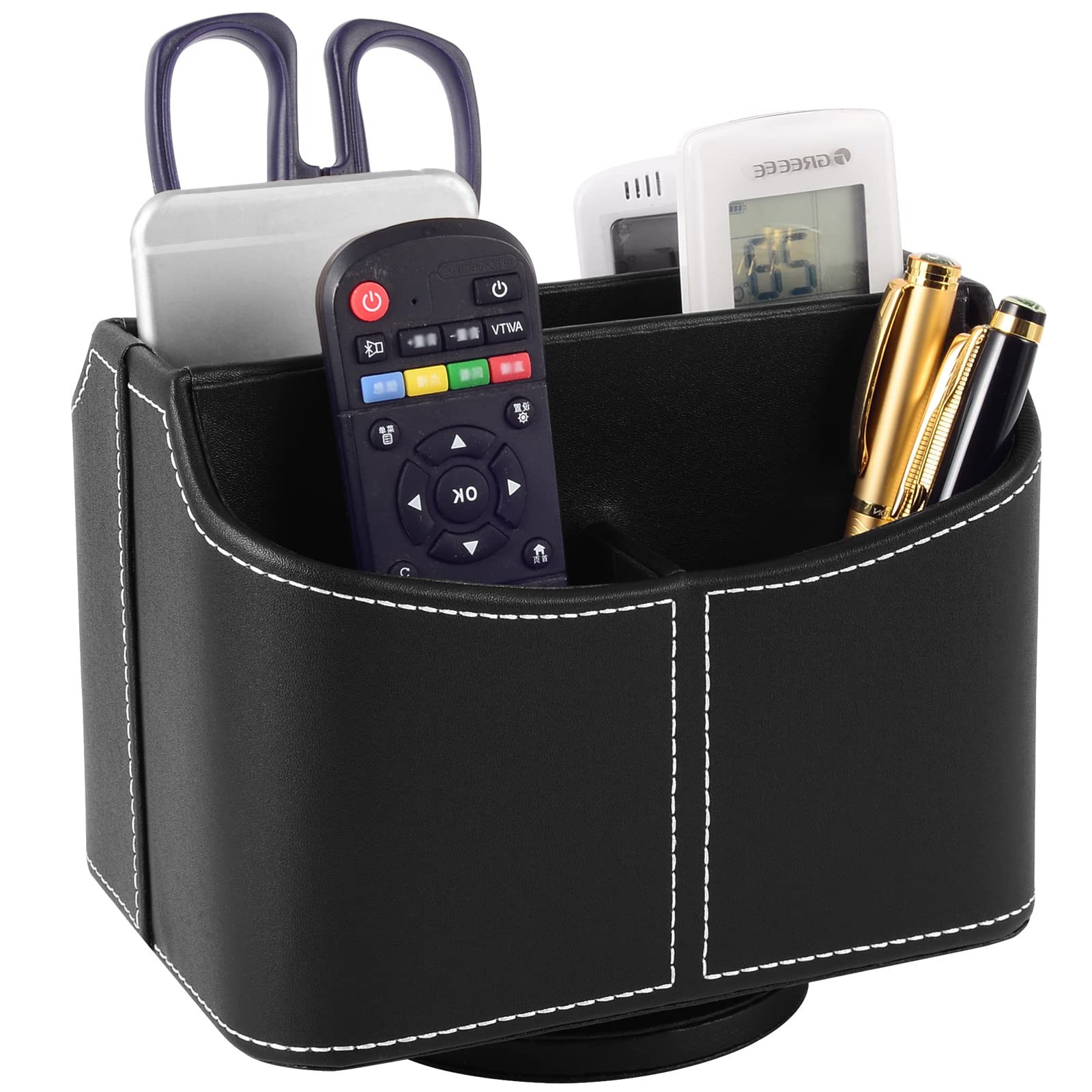 360° Rotating PU Leather Remote Control Holder - Desk Organizer for TV Remotes, Phones, Pens & Stationery - Bedside Table Storage Box (Black) | Perfect for Living Room, Bedroom & Office Organization