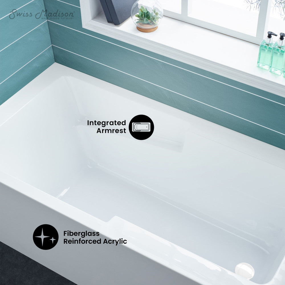 Glossy White 60 x 30 Inch Soaking Bathtub with Skirted Right Drain, Integrated Overflow & Armrest - Perfect for Small Bathrooms and Spa-Like Relaxation at Home