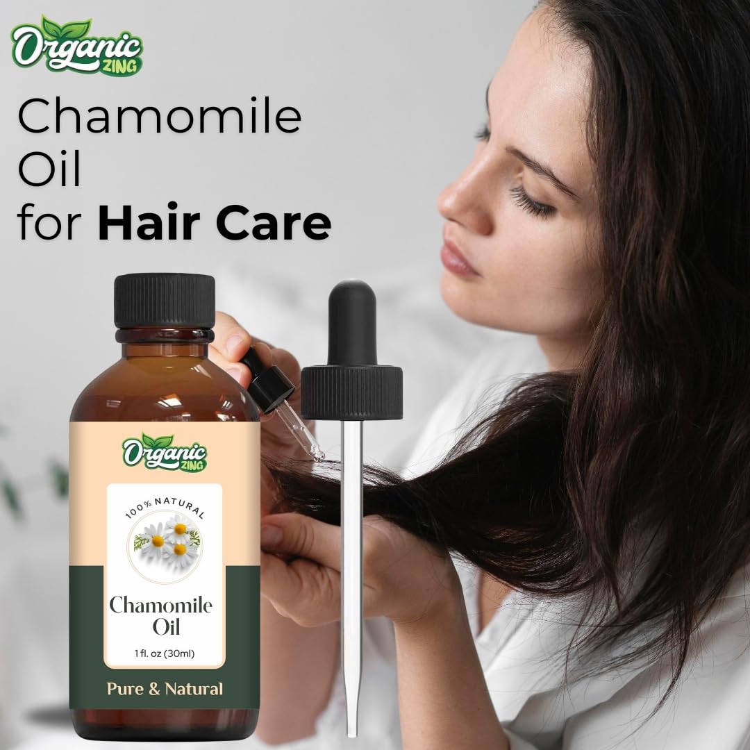 Organic Zing Chamomile Essential Oil (Matricaria chamomilla) | 100% Pure & Natural for Skin Care, Hair Growth, Aromatherapy & Diffuser Use - 30ml/1.01fl oz | Perfect for Relaxation, Stress Relief & Spa Treatments