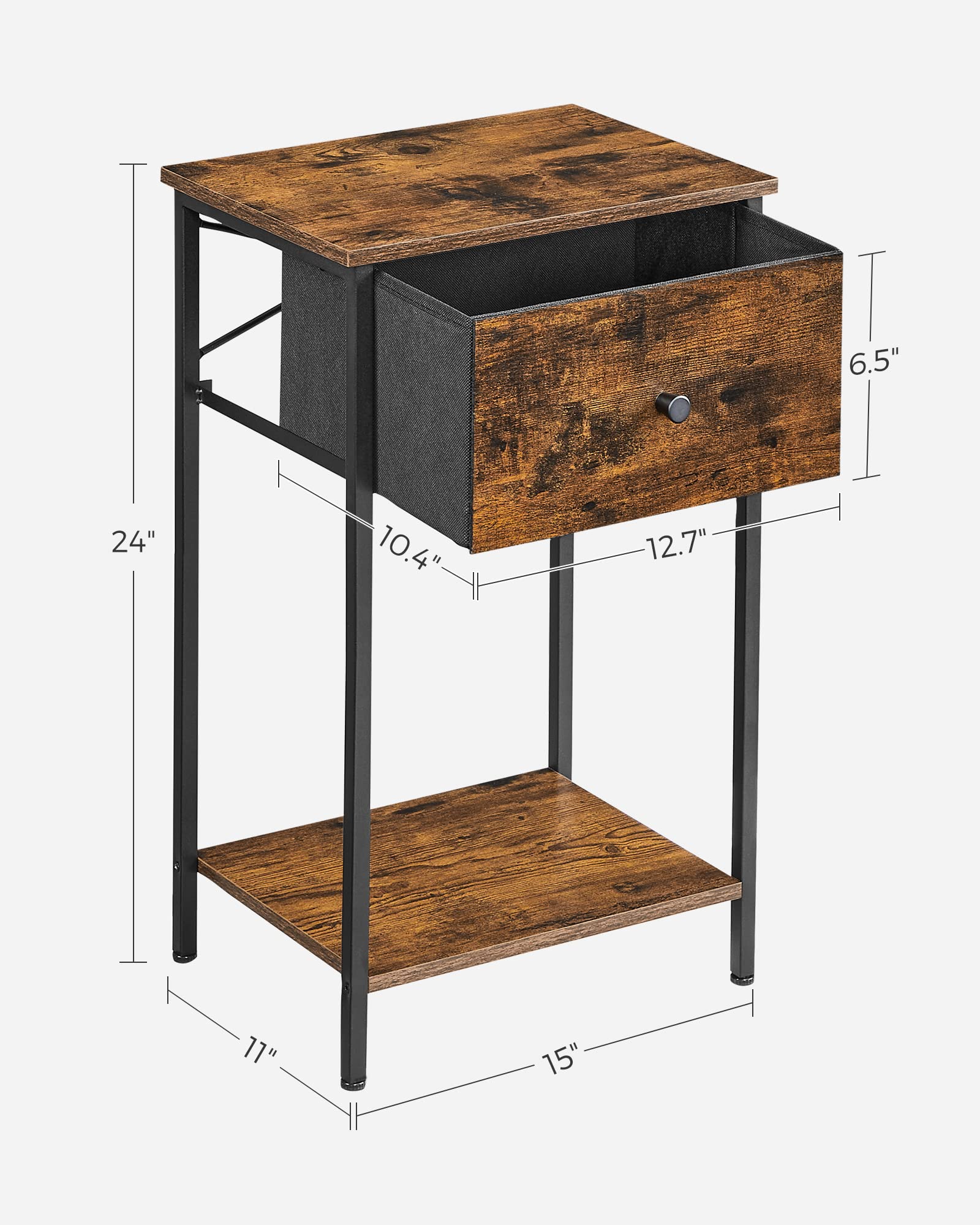 VASAGLE Nightstand Set of 2 - 24 Inch Tall Rustic Brown and Black Side Tables with Fabric Drawer & Storage Shelf for Bedroom - Perfect for Small Spaces, Apartment Living, and Guest Rooms ULGS221B01V1