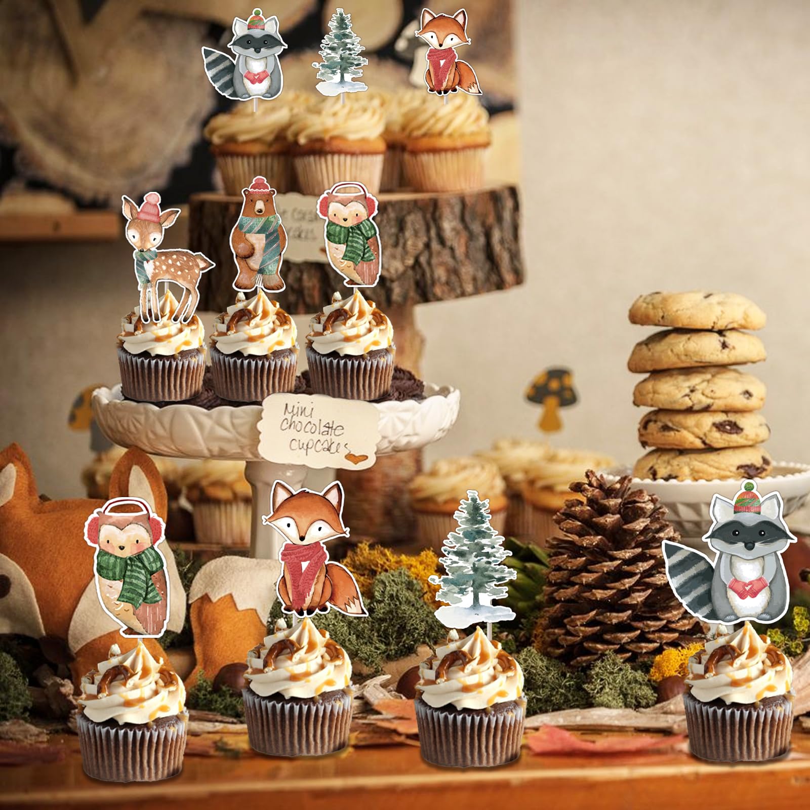 36PCS Winter Woodland Birthday Party Decorations - Baby Shower Cupcake Toppers, Woodland Creatures Theme Party Supplies for Christmas, Baby Shower, Winter Wonderland Theme Party Decor