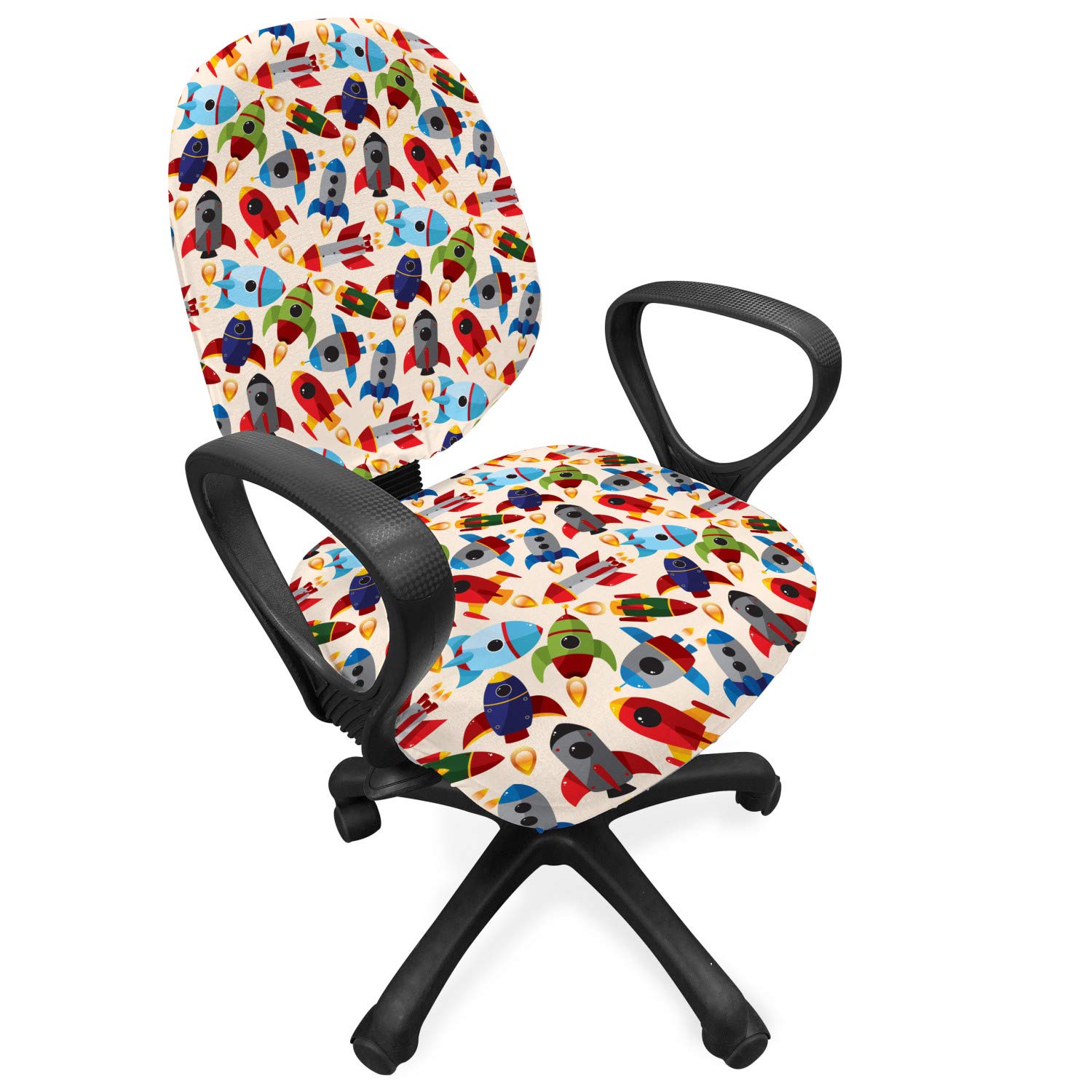 Ambesonne Space Themed Office Chair Slipcover - Spaceship & Cosmic Travel Design with Cartoon Art Style, Stretchable Fabric Cover for Home & Office Decor (Multicolor) | Perfect for Sci-Fi Fans, Gaming Rooms & Creative Workspaces