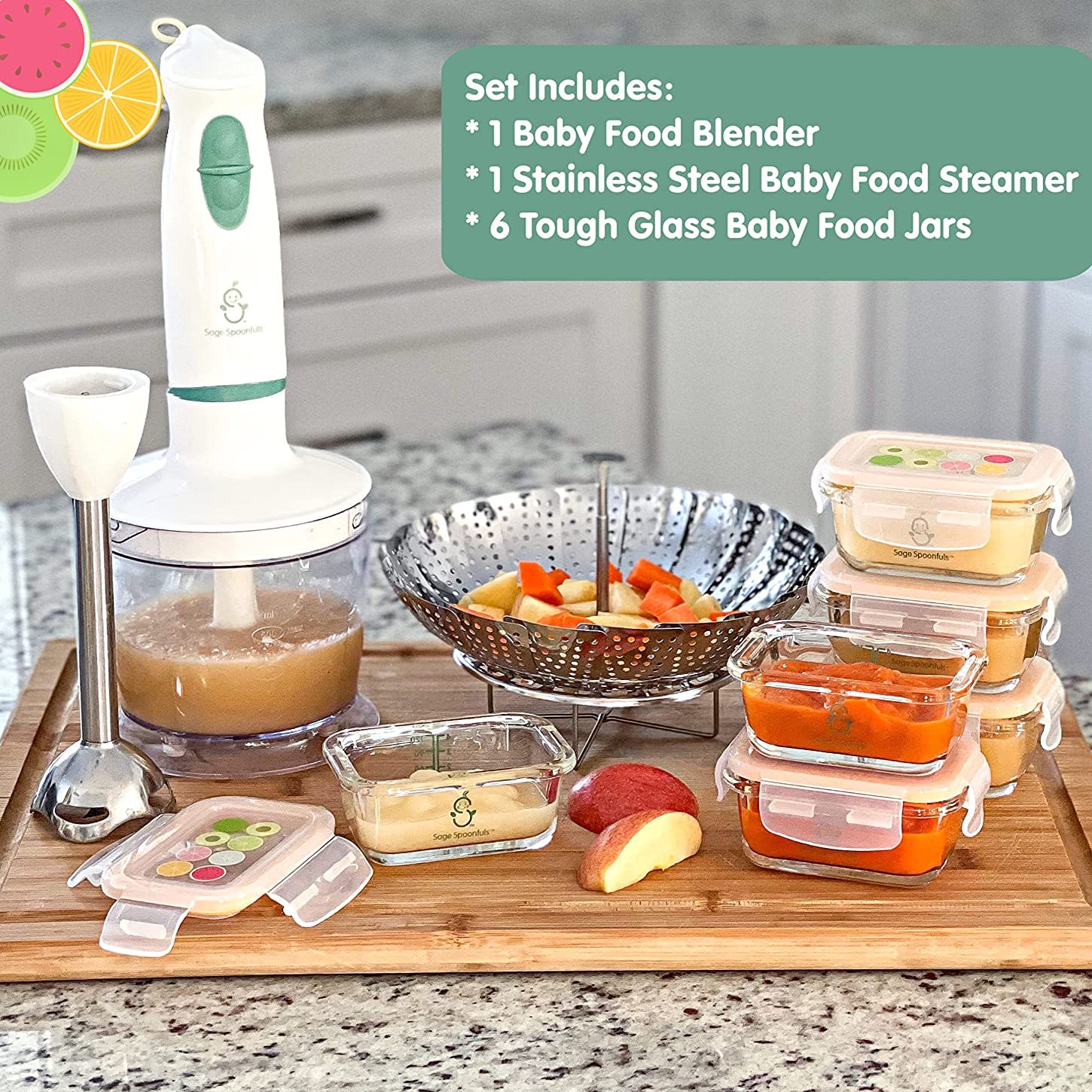SAGE SPOONFULS 10-Piece Baby Food Maker Set - Electric Baby Food Processor & Blender for Fruits, Vegetables & Meat with Leakproof Glass Containers & Steamer Basket - Perfect for Homemade Baby Purees & Toddler Meals
