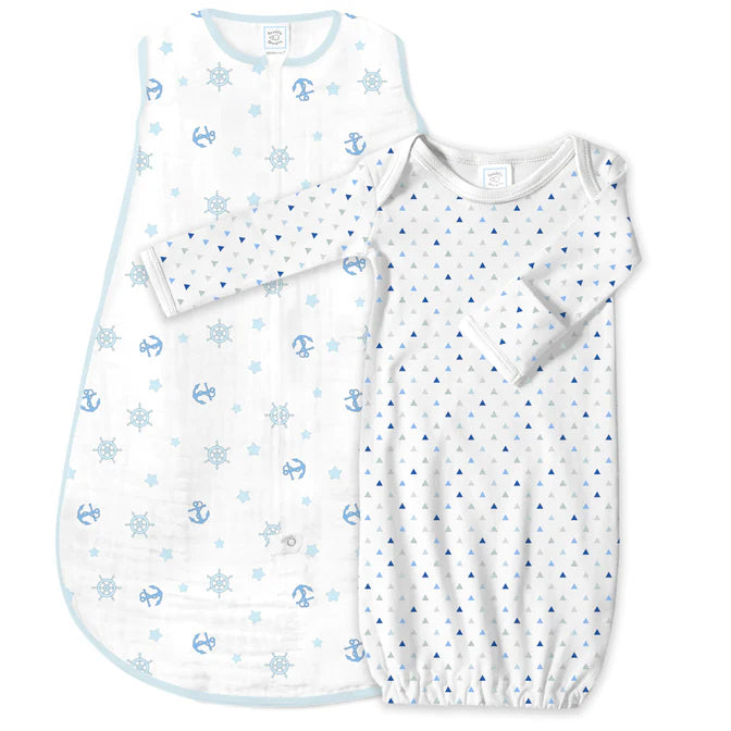 Ahoy Muslin Non-Weighted ZipMe Gown & Sack Set - Soft Baby Swaddle & Sleepwear for Newborns | Perfect for Nursery, Hospital & Travel (BGB 0041)
