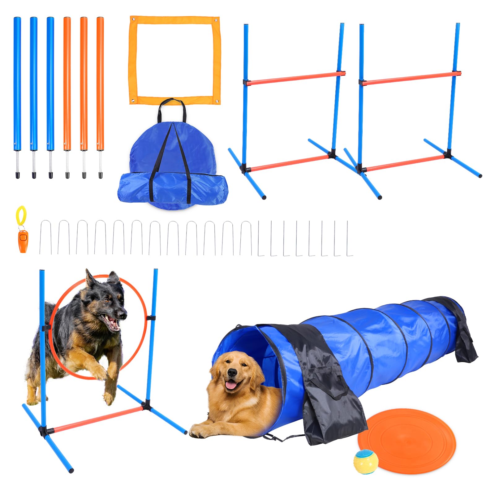 Premium Dog Agility Training Equipment Set - Indoor & Outdoor Obstacle Course Kit with 2 Hurdles, Tire Jump, Tunnel, Weave Poles, Pause Box, Toy Ball, Flying Disc & Whistle | Perfect for Backyard Training, Dog Sports & Fun Exercise