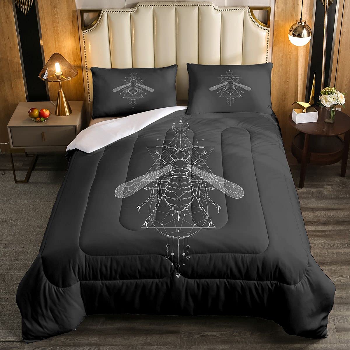 Feelyou Sacred Geometric Wasp Animal Comforter Set for Kids - Twin Size Black Duvet Cover with Abstract Mystic Design, Modern Bedroom Decor for Boys & Girls | Perfect for Kids' Rooms, Dormitories & Cozy Bedrooms